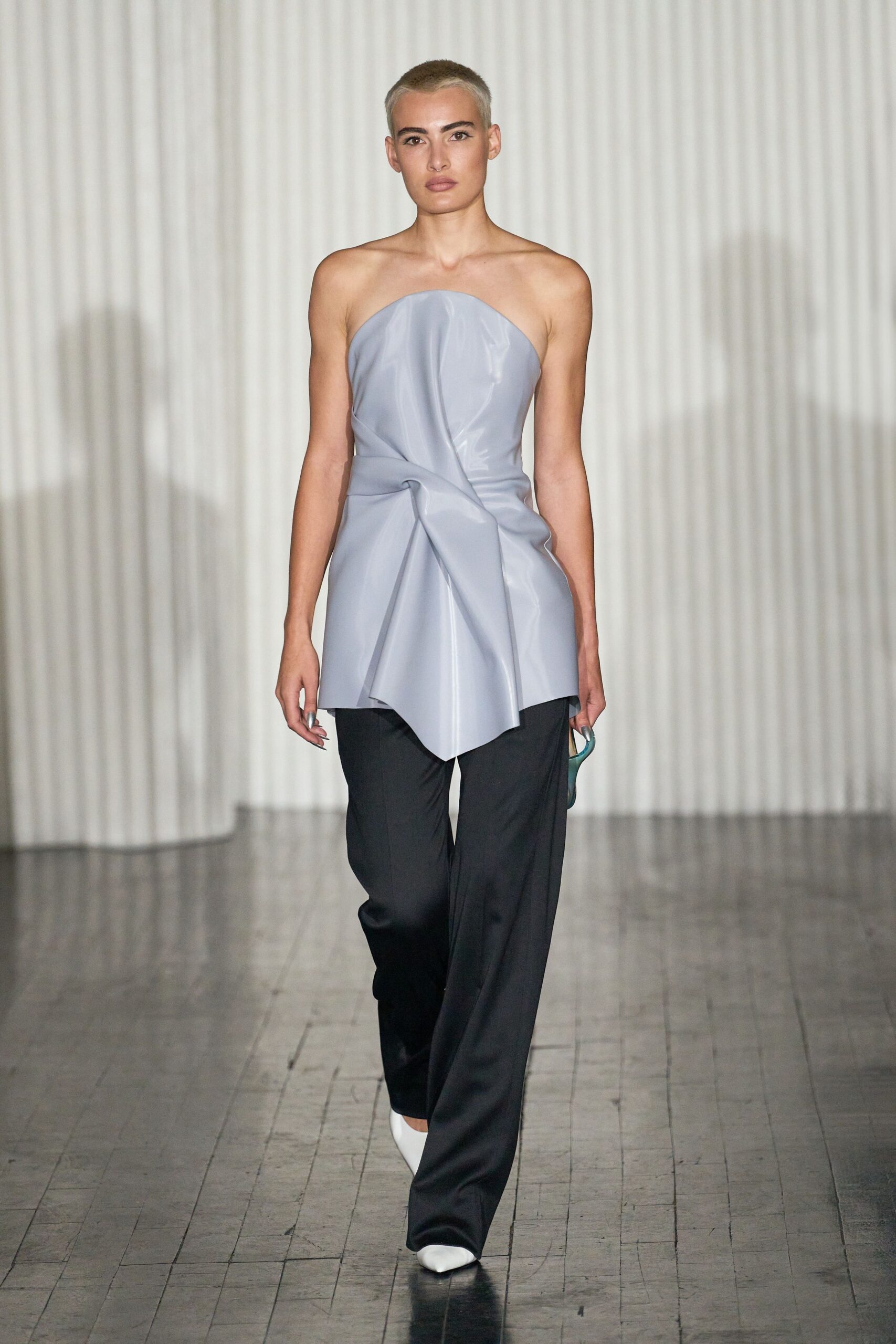 light gray fitted top with black pants