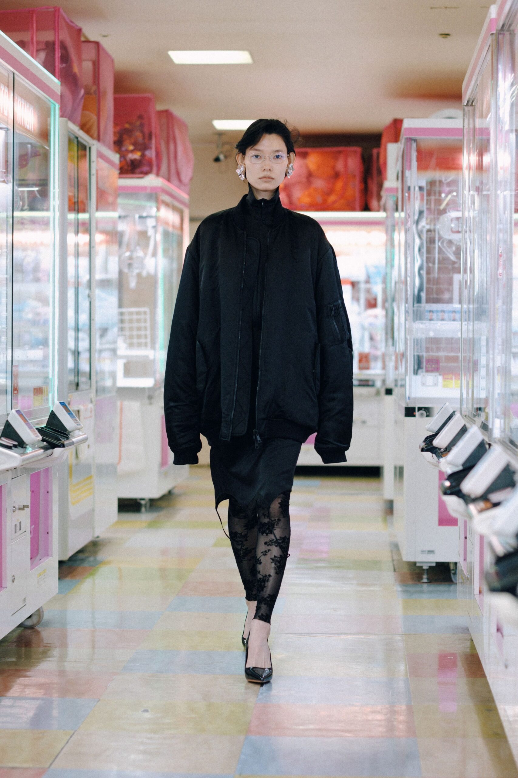 black oversized jacket and mini dress