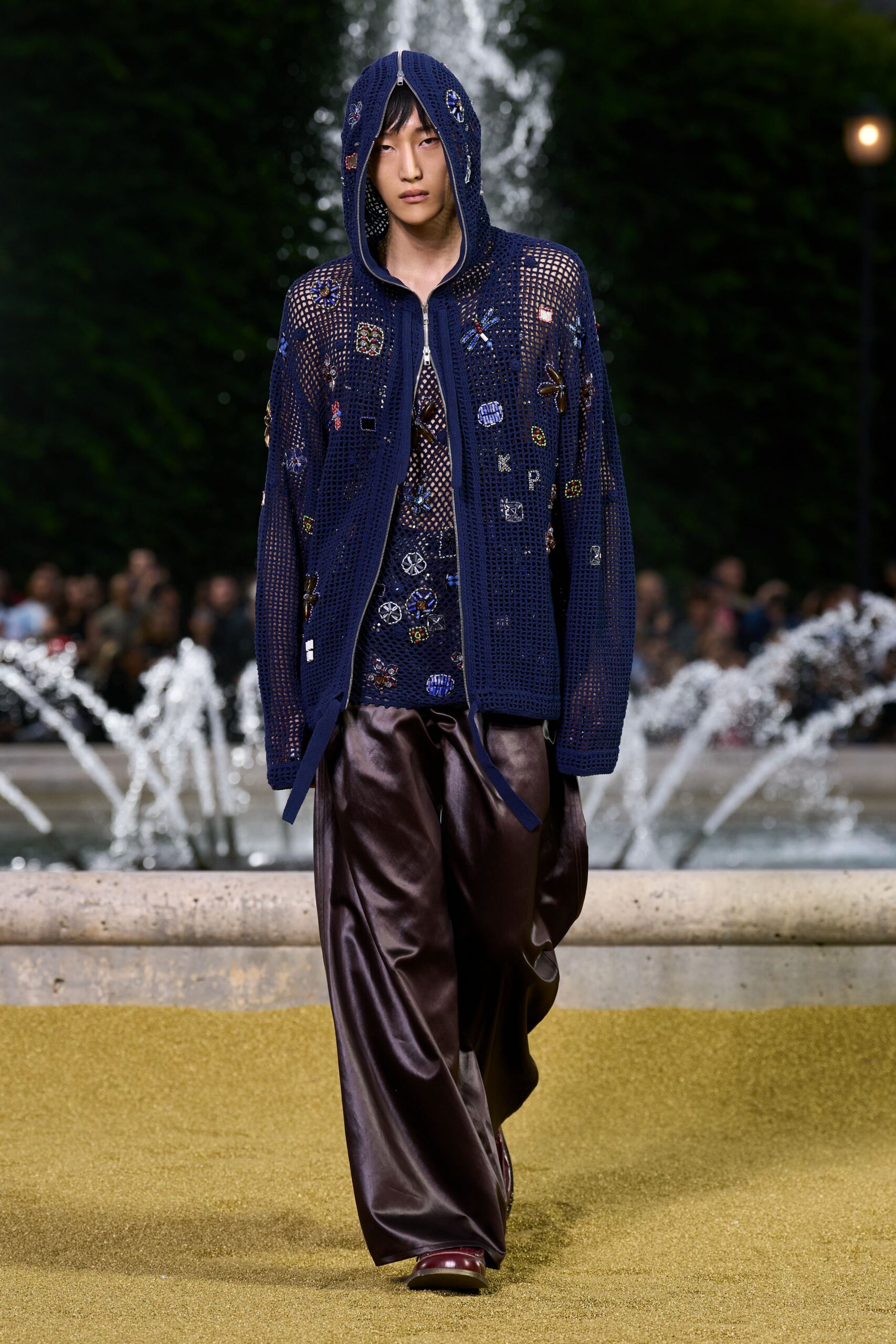 blue mesh hooded long-sleeve relaxed embroidered jacket