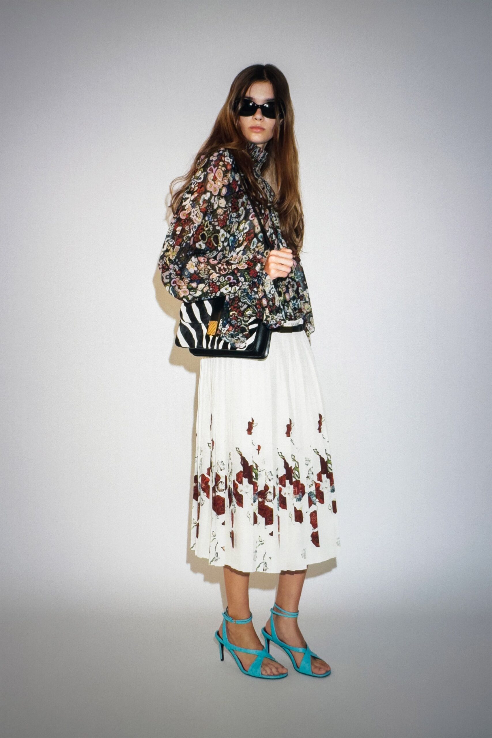 multi silk long-sleeve collared relaxed floral blouse