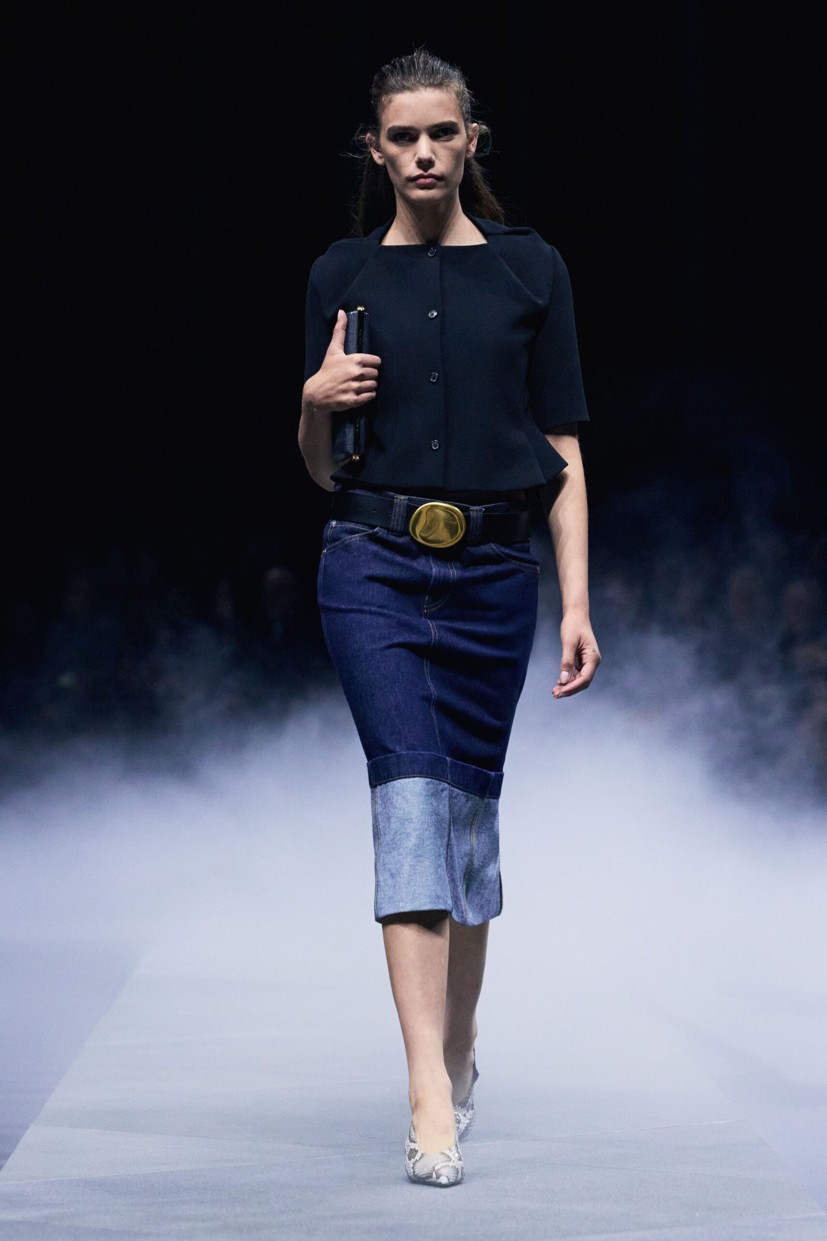 blue denim slit fitted high-waisted pencil midi skirt