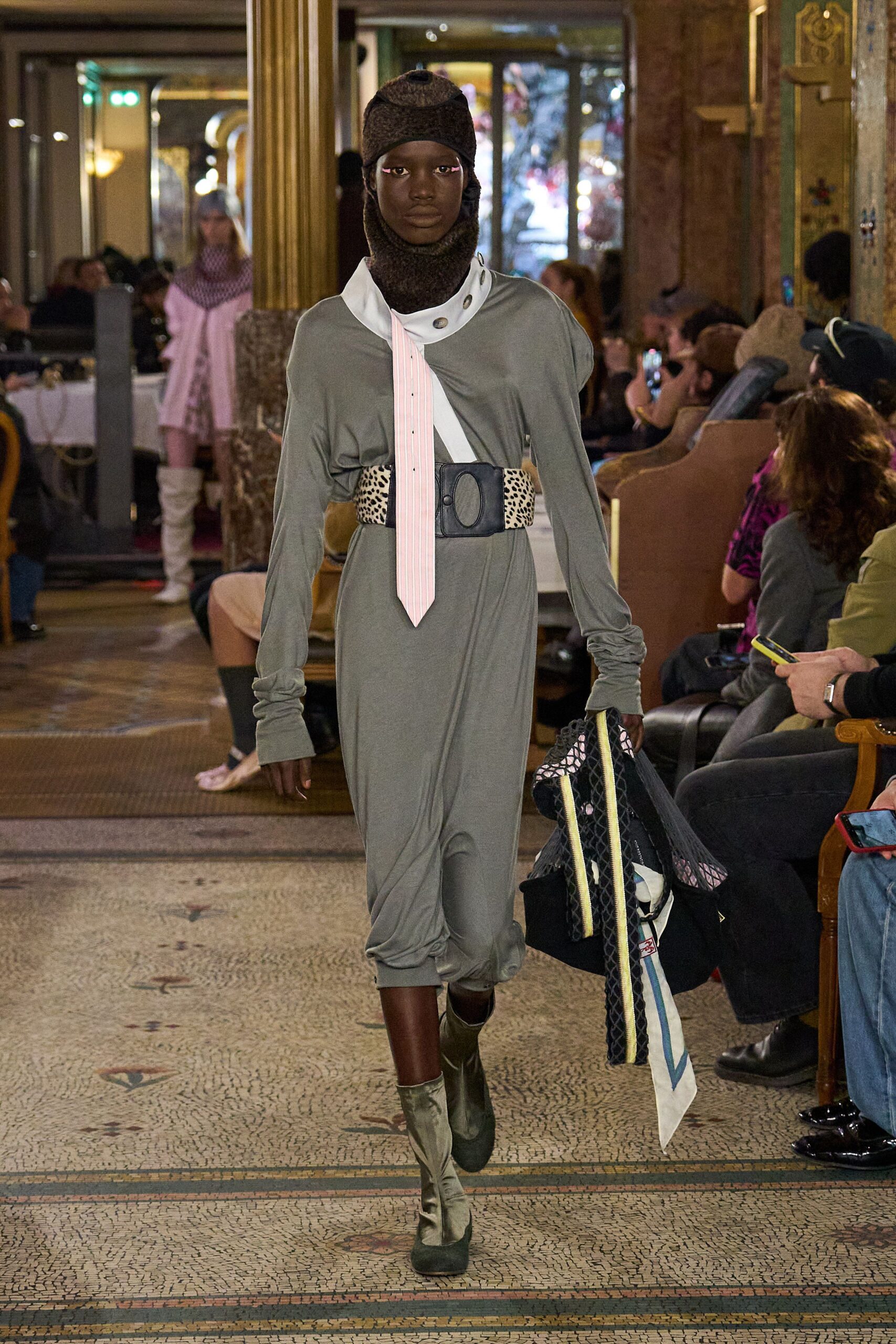 gray cotton long-sleeve collared relaxed belted midi dress