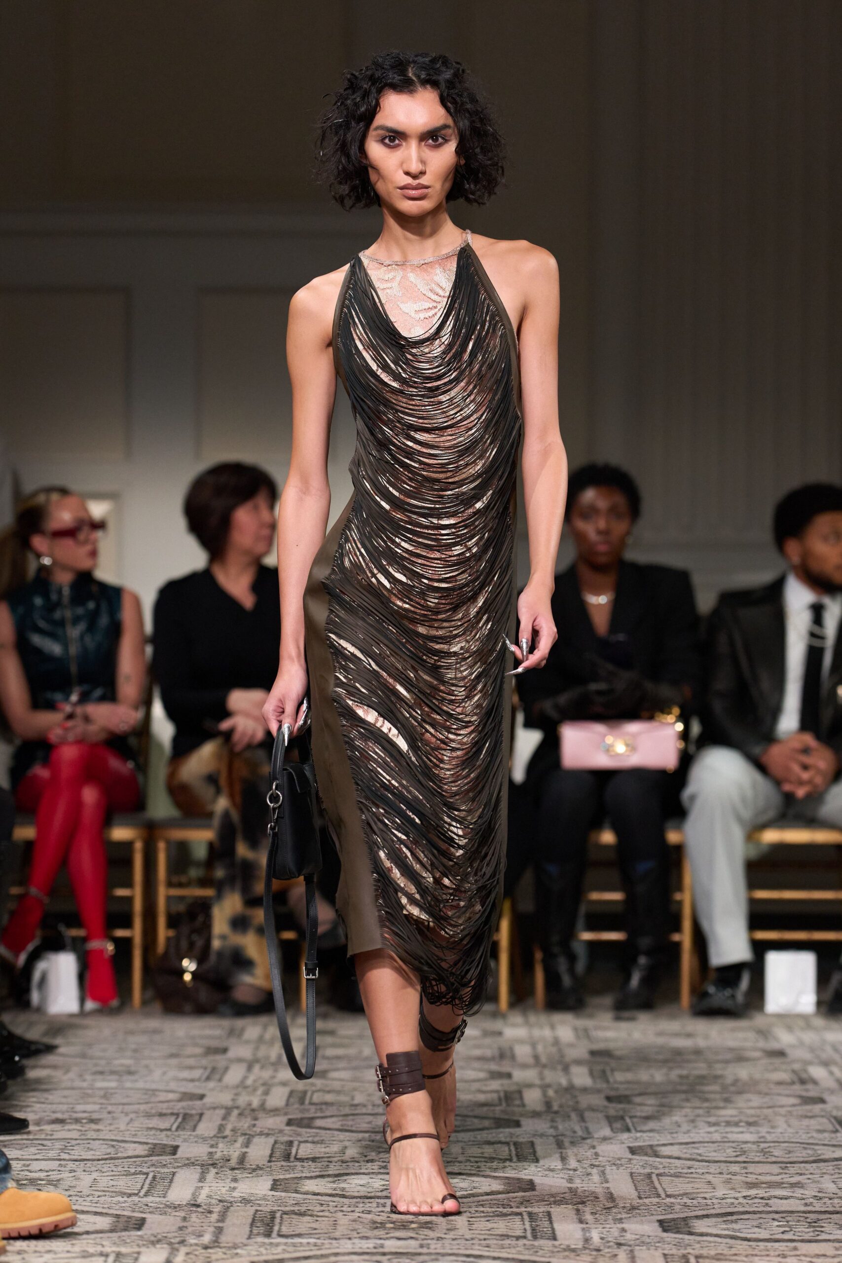 black silk sleeveless v-neck fitted draped shiny dress