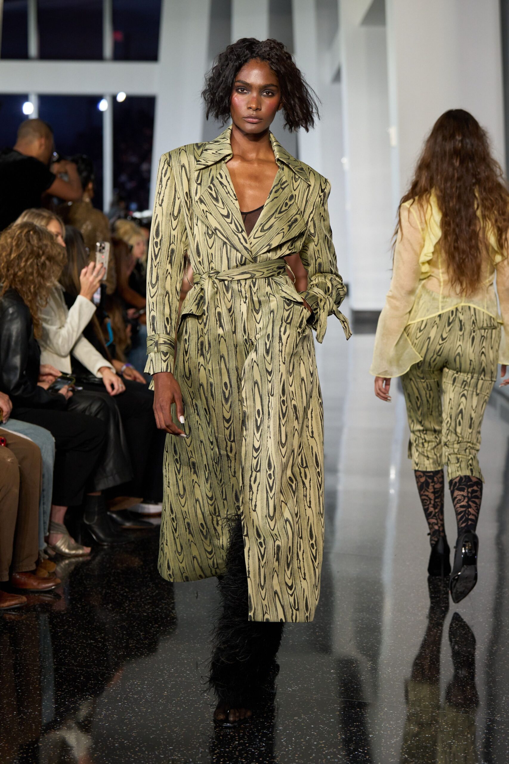 green silk long-sleeve v-neck fitted belted printed dress
