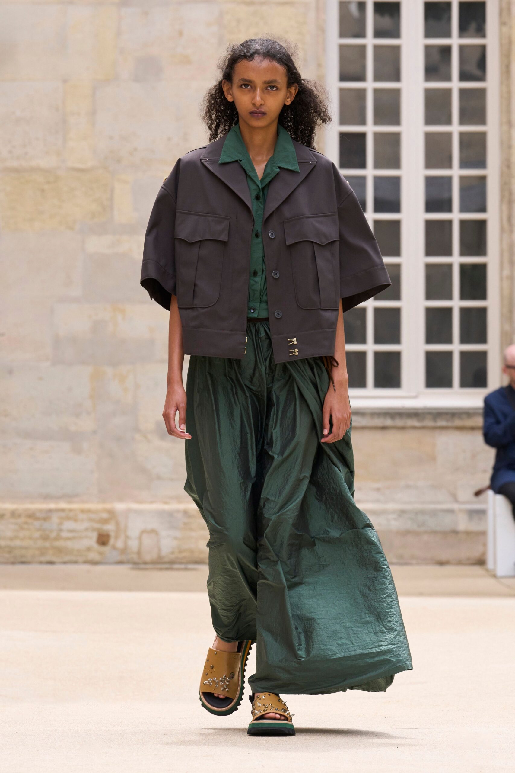 green silk sleeveless collared fitted layered flowing dress