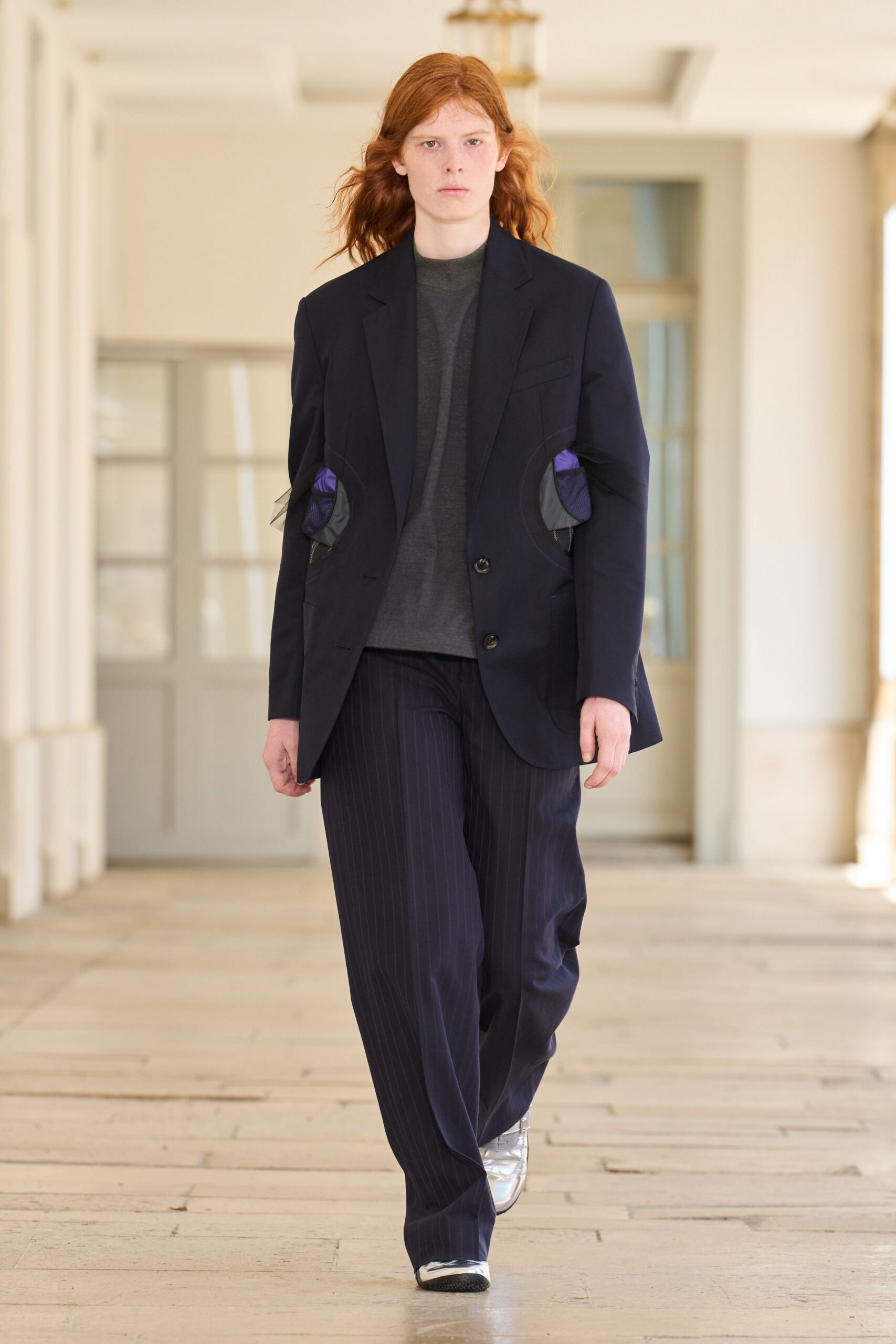 blue wool relaxed pleated pants
