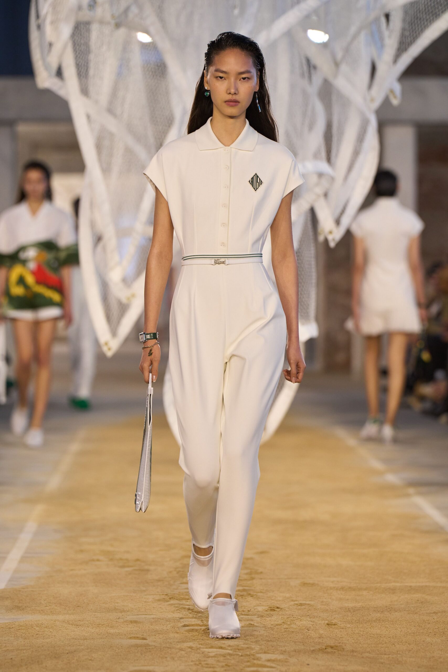 white fitted jumpsuit with bag