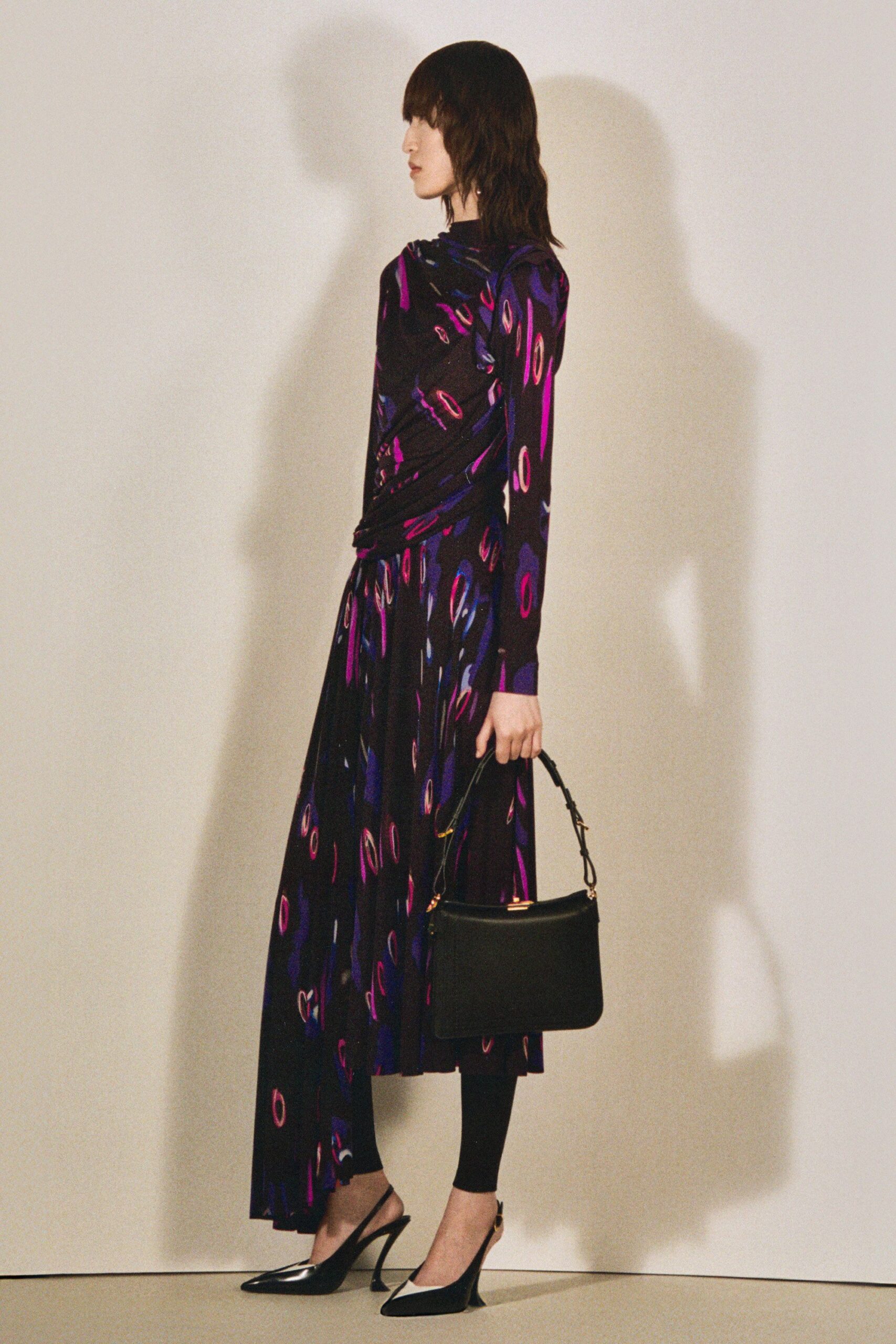 purple silk long-sleeve high-neck fitted draped printed dress