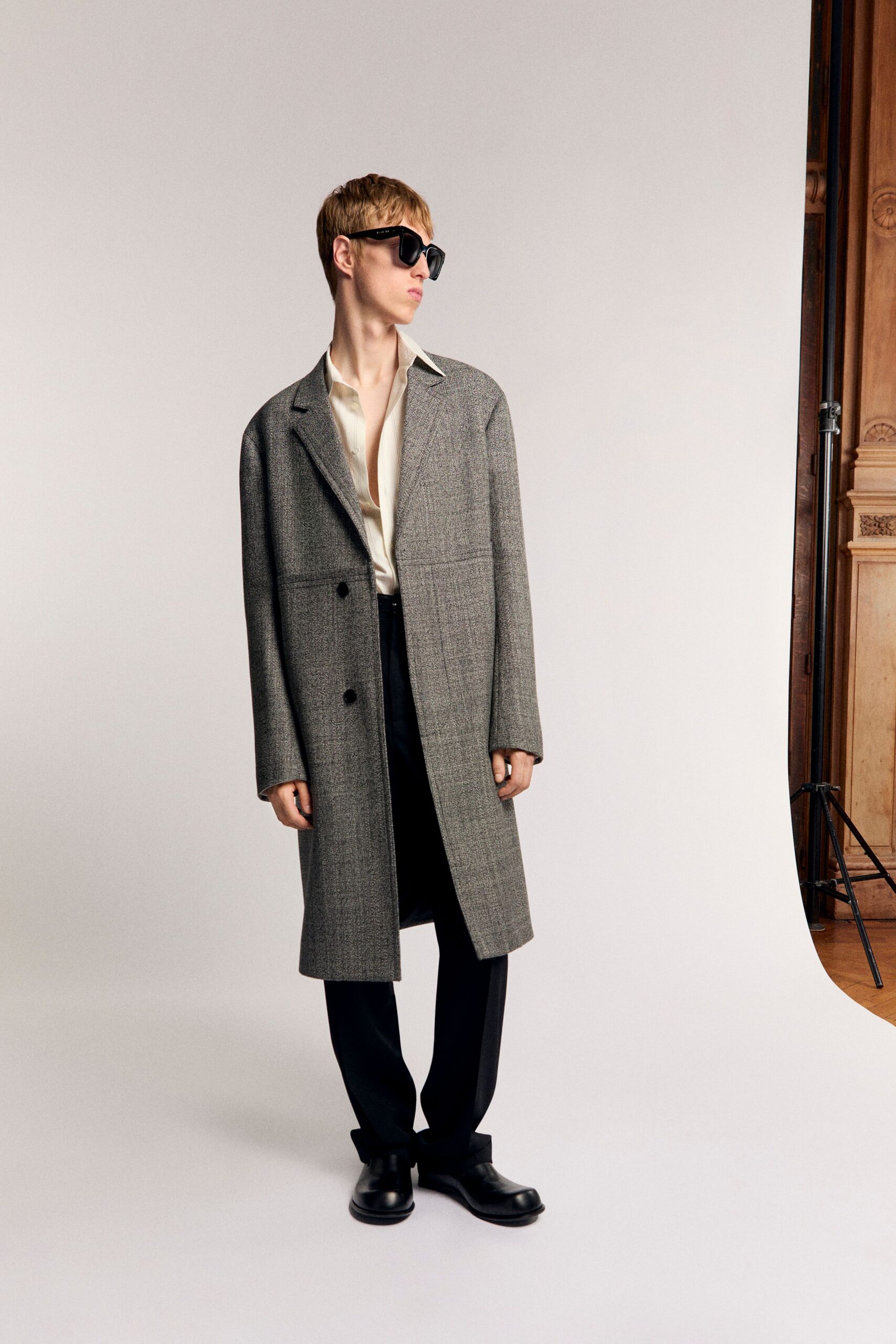 gray wool coat with sunglasses