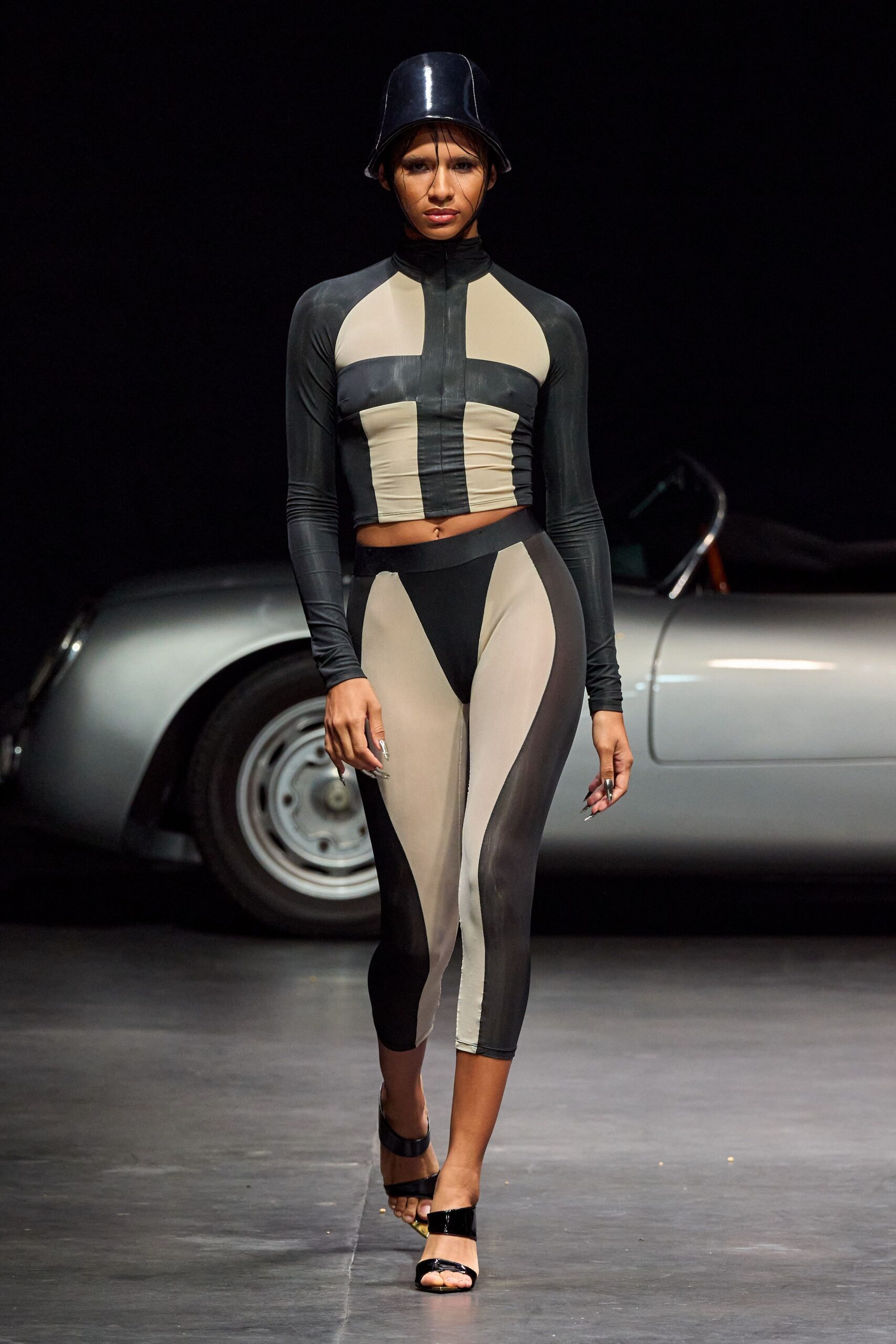 black neoprene long-sleeve high-neck fitted color-blocked top