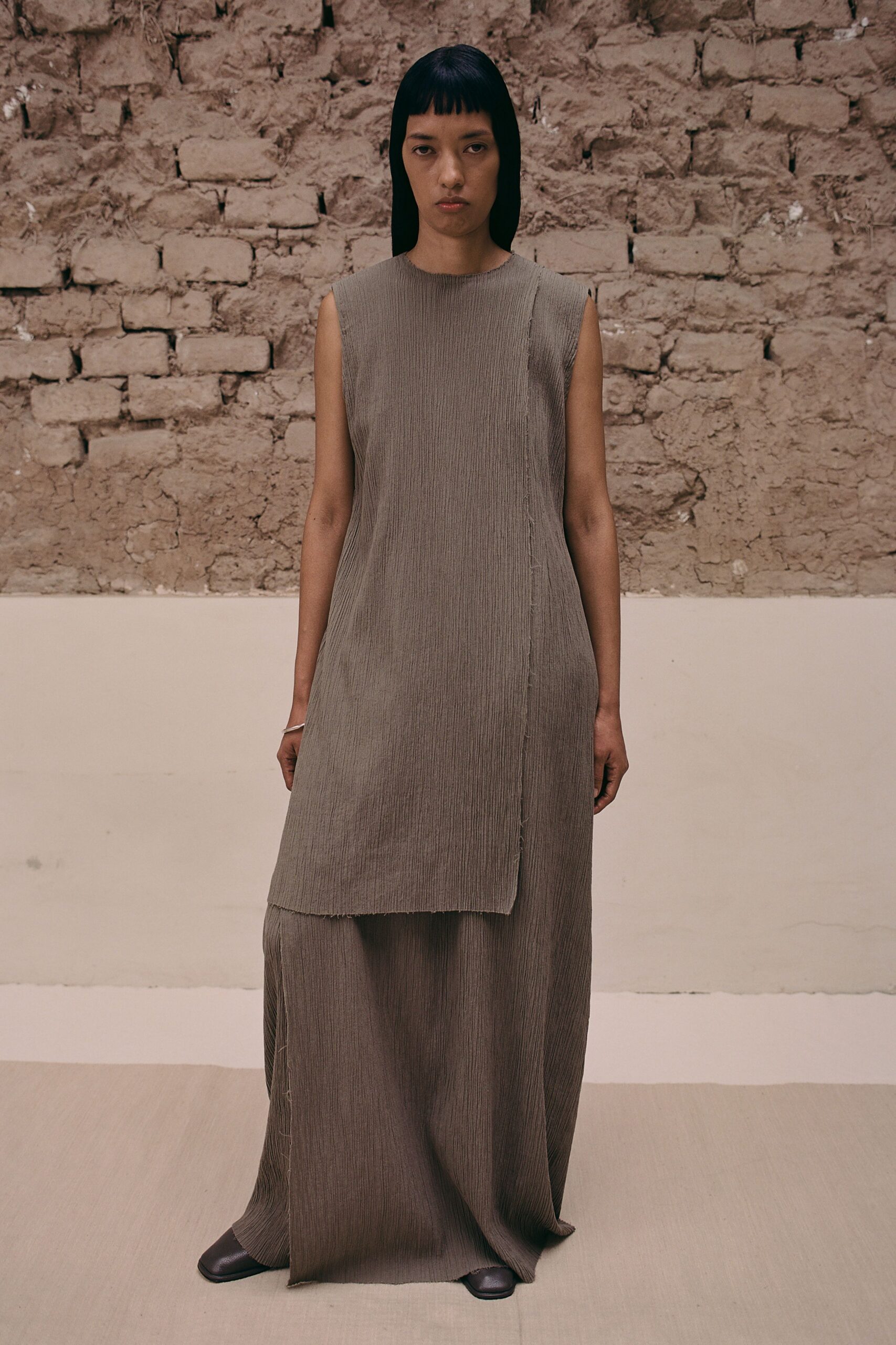 beige cotton sleeveless relaxed pleated maxi dress