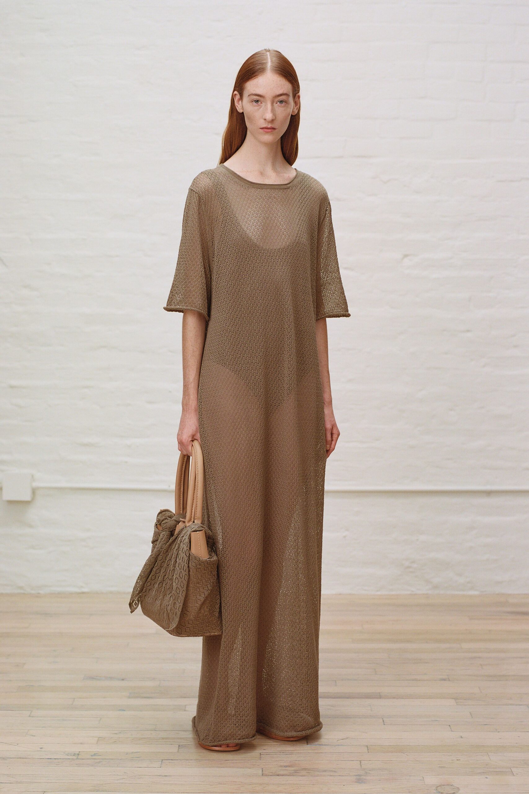 brown mesh short-sleeve high-neck relaxed sheer flowing dress