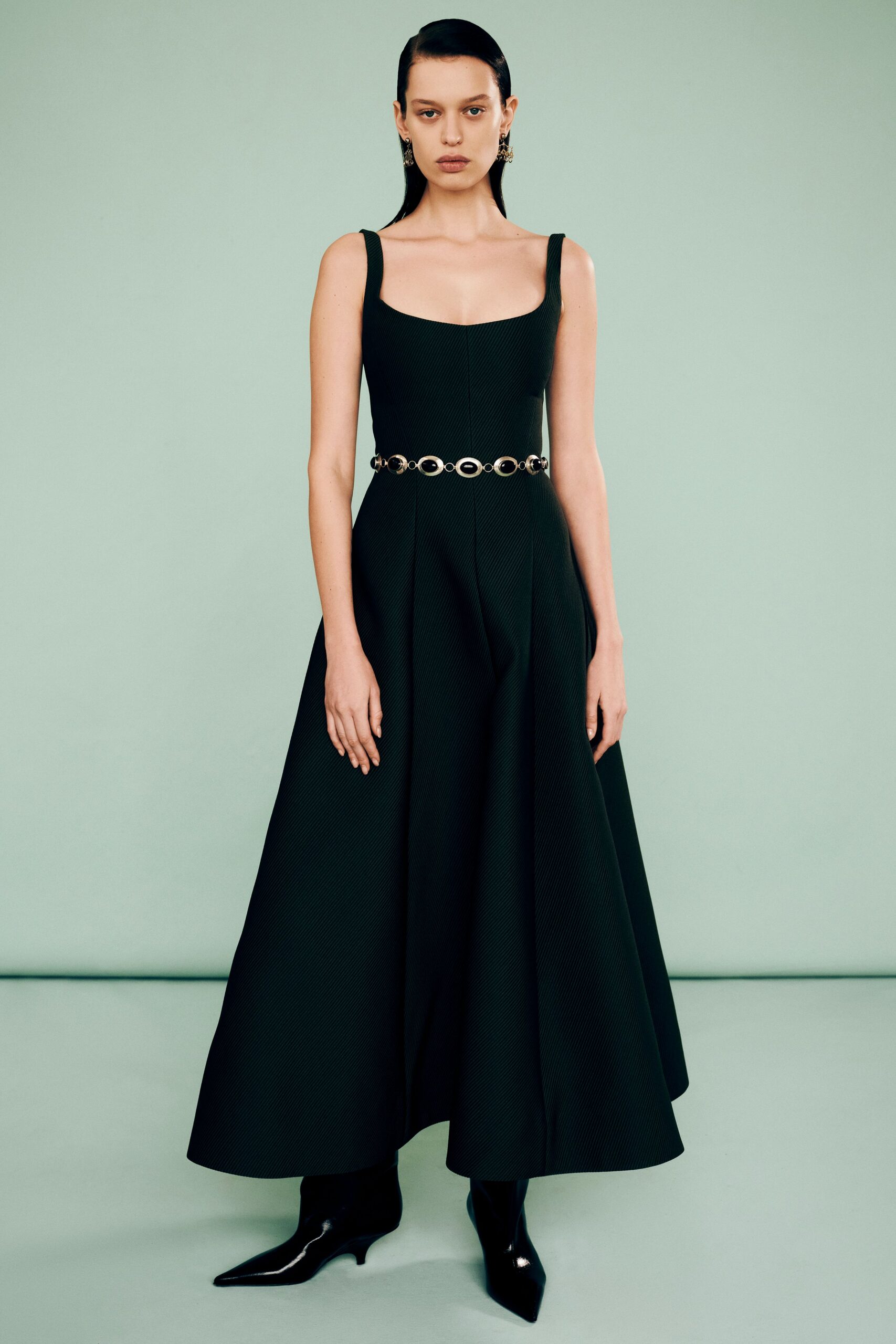 black sleeveless maxi dress with belt