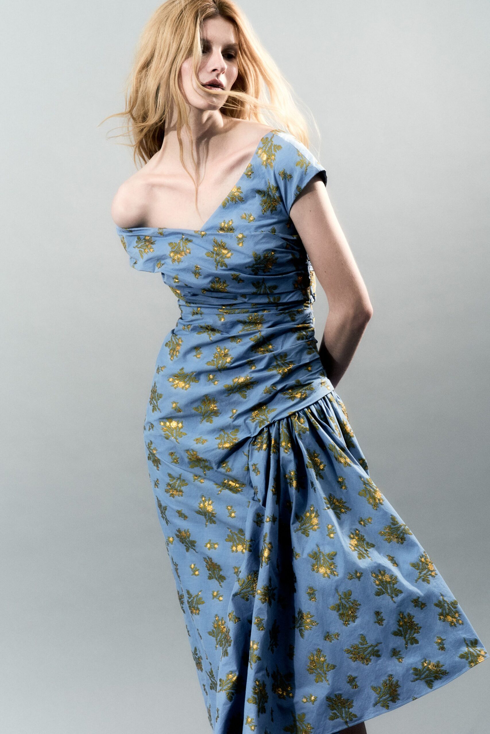 blue gold floral midi dress