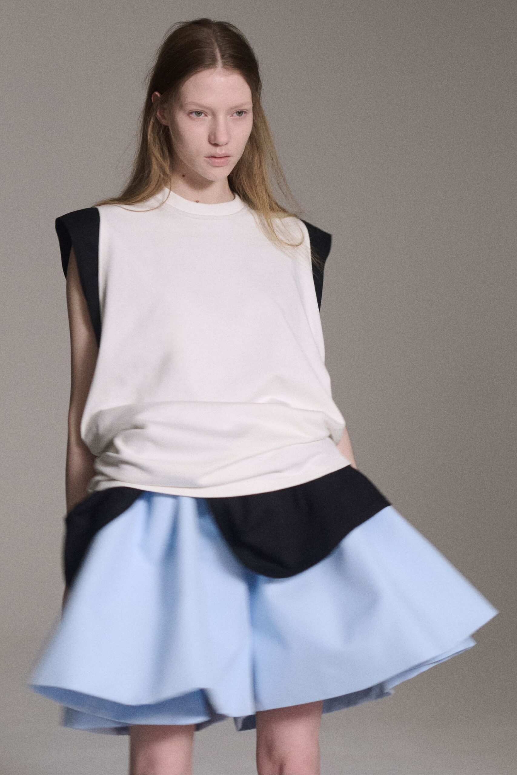 blue cotton fitted flared mini skirt