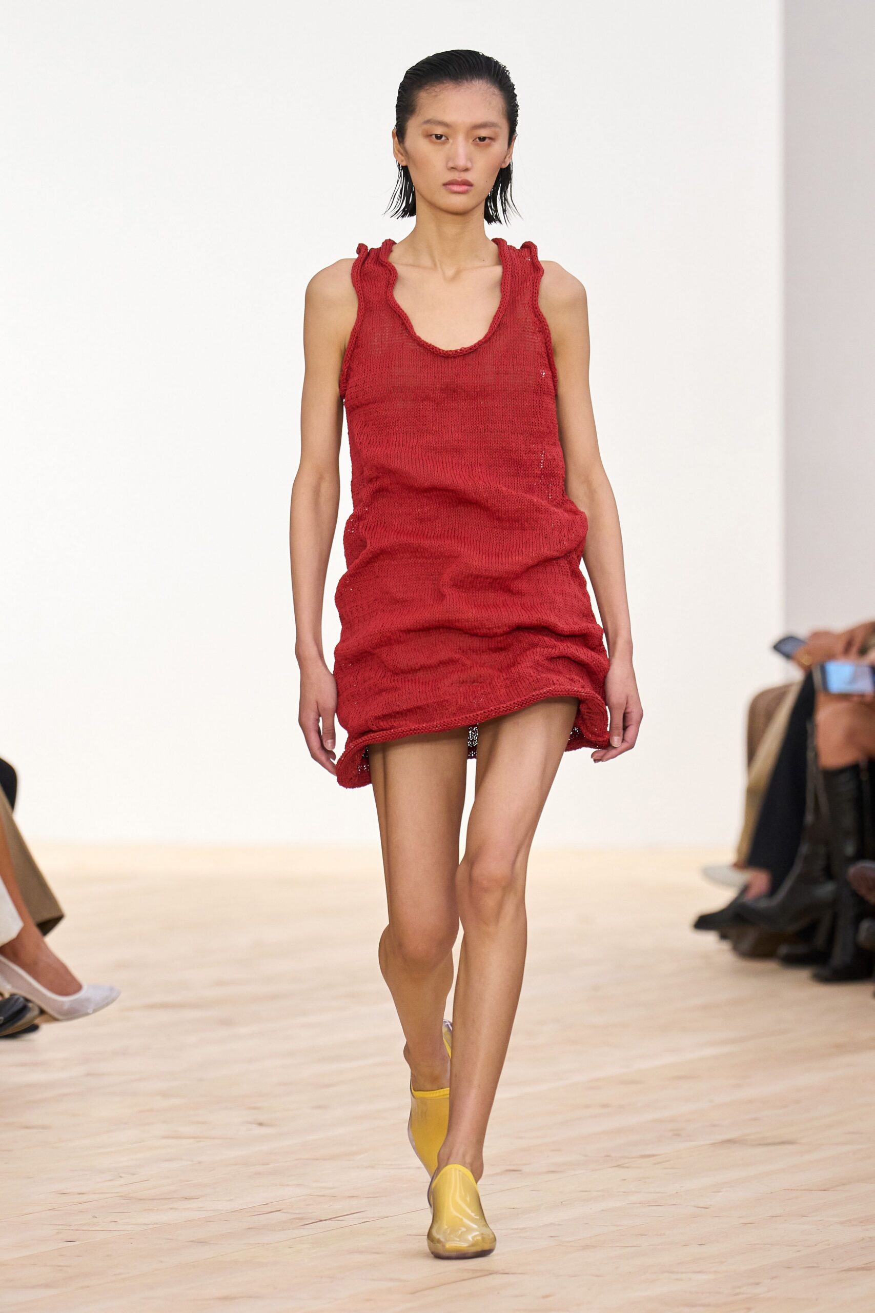 red relaxed mini dress with yellow shoes