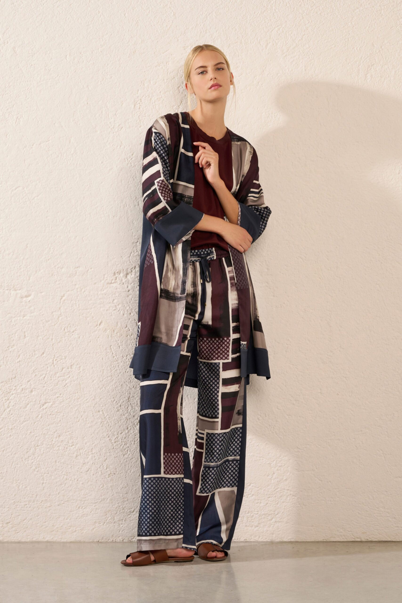multi silk long-sleeve relaxed printed coat