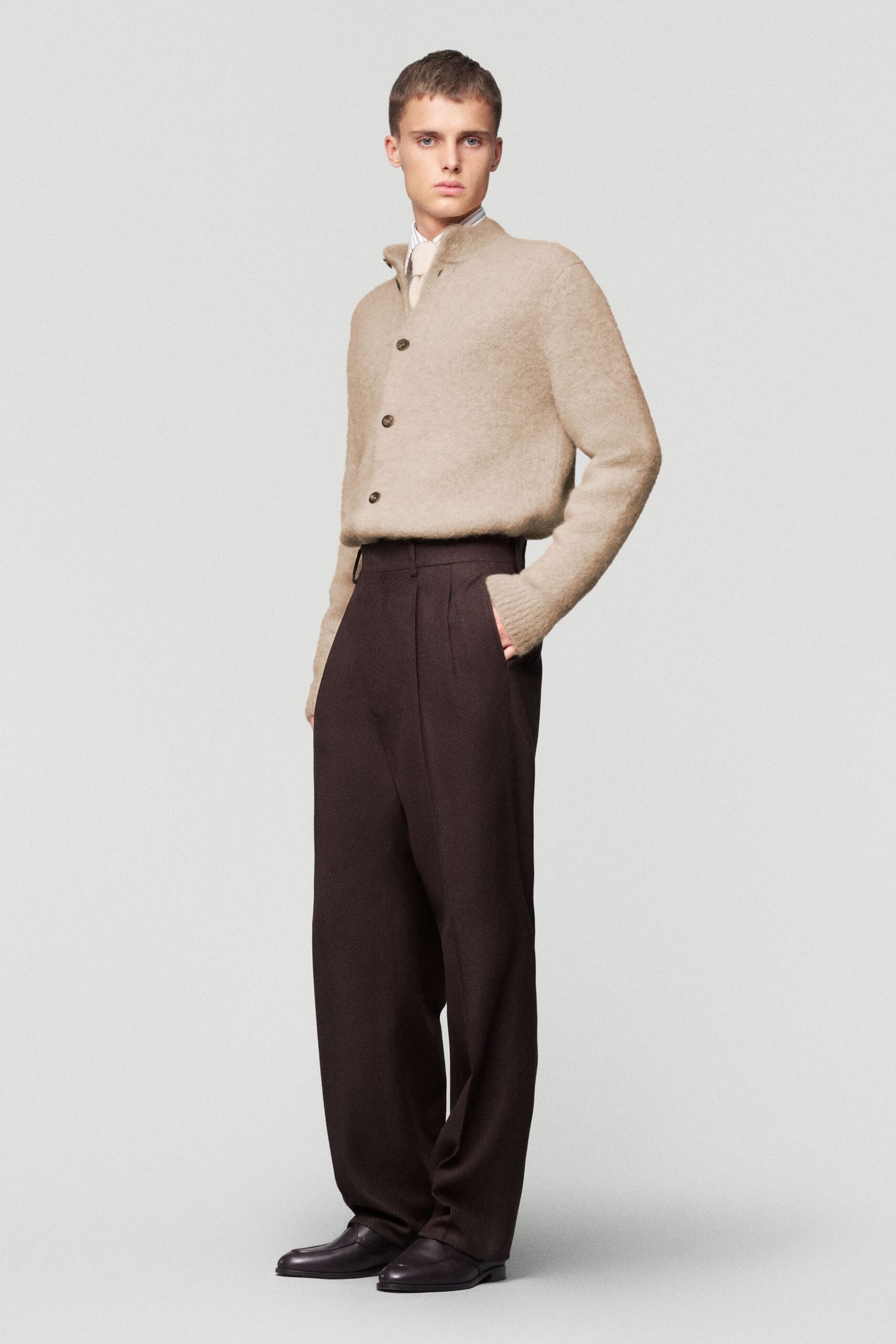 beige wool sweater brown tailored pants