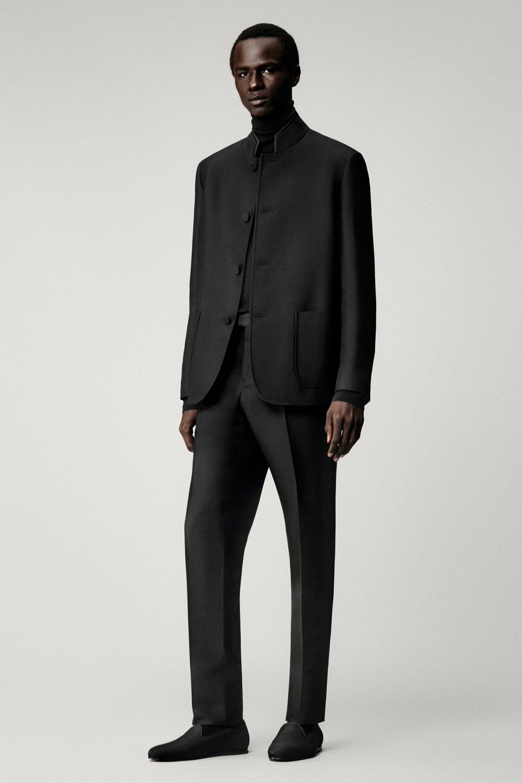 black wool blazer and tailored pants