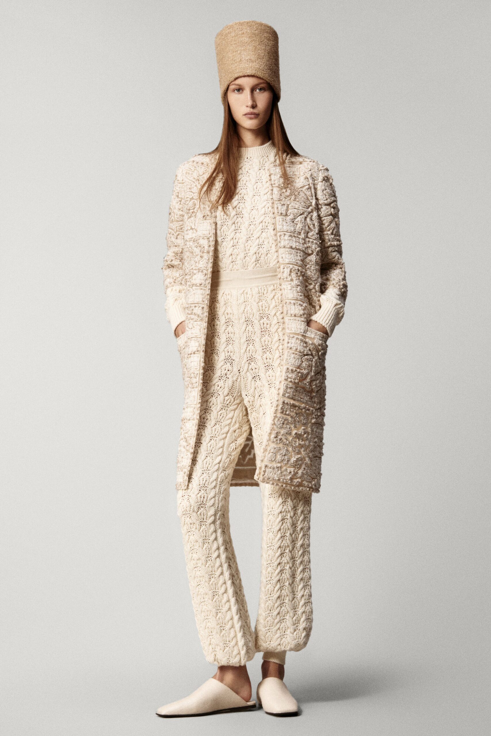 beige wool long-sleeve fitted textured sweater