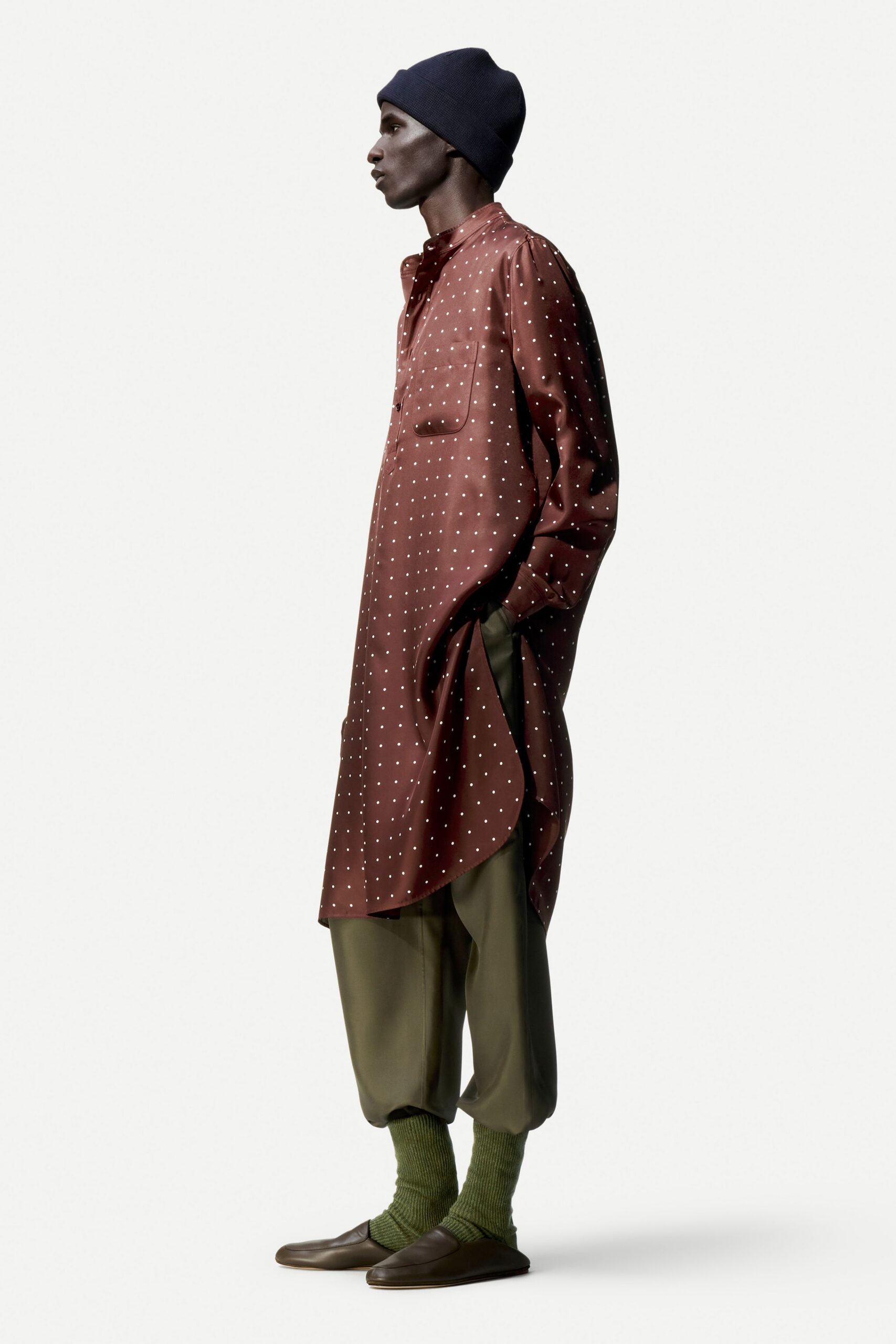 brown cotton long-sleeve collared relaxed printed shirt