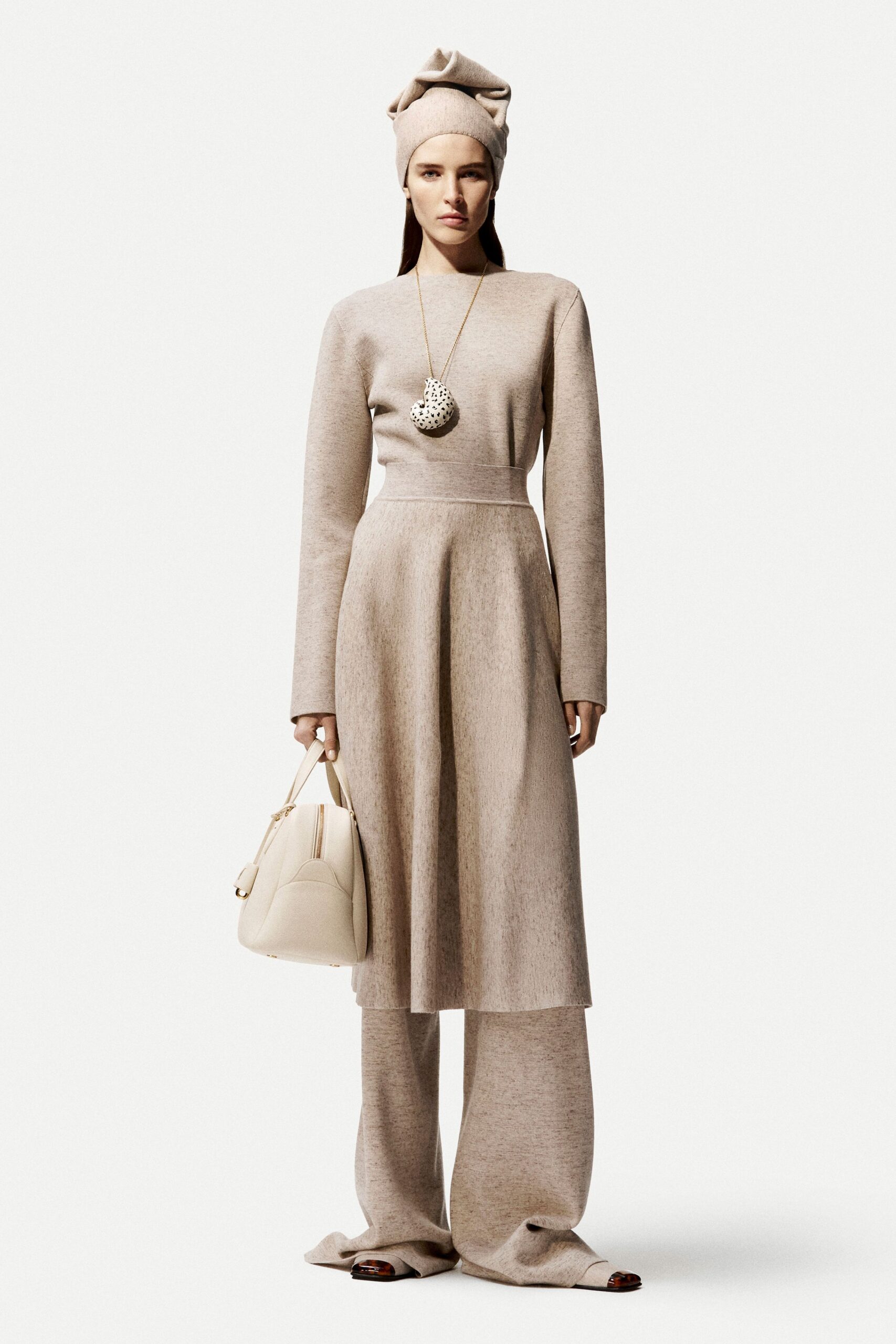 beige wool long-sleeve high-neck fitted a-line midi dress