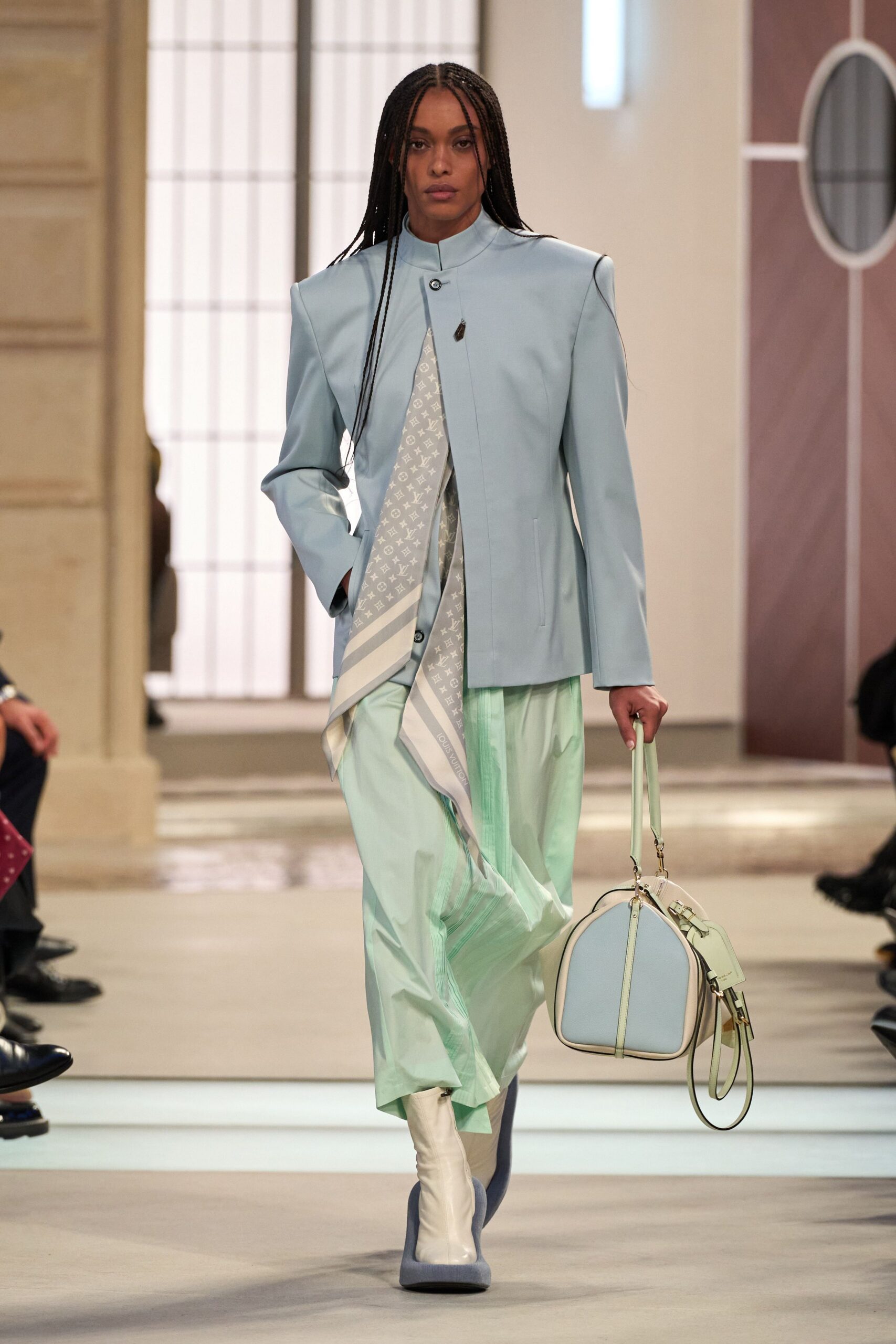 blue cotton long-sleeve collared structured jacket