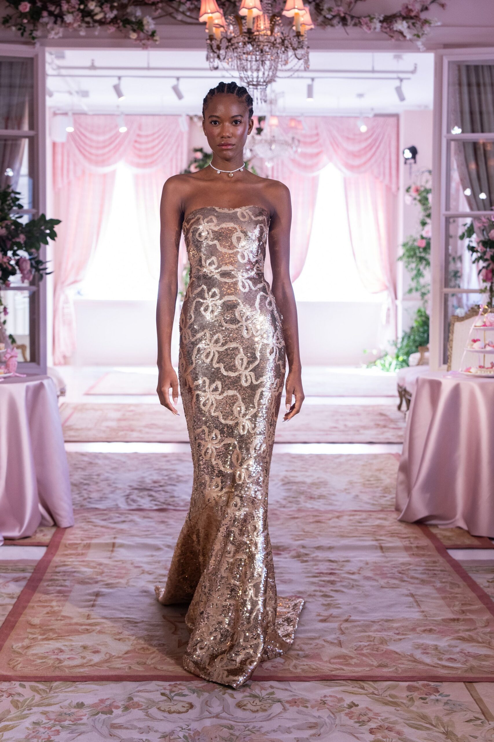 gold sequin strapless gown