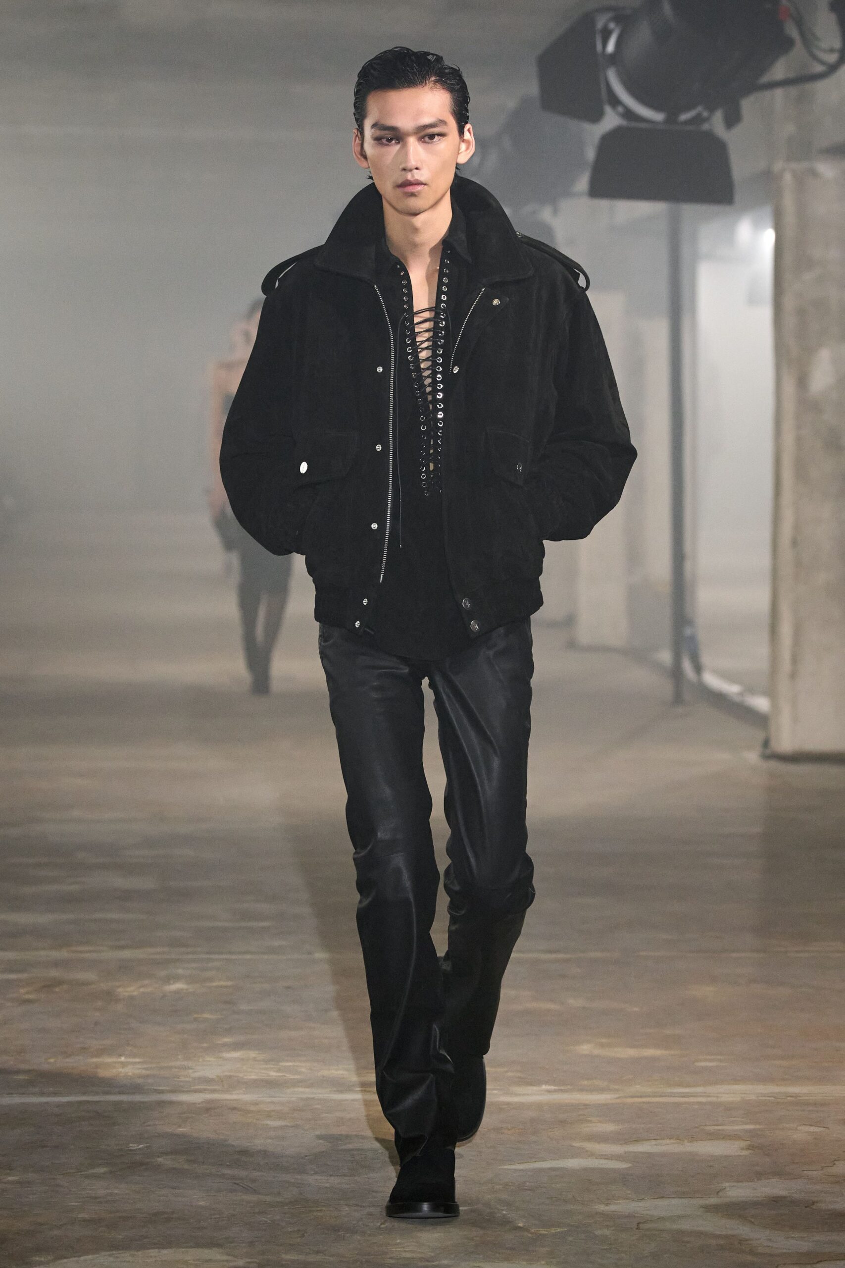 black leather slim straight-leg pants