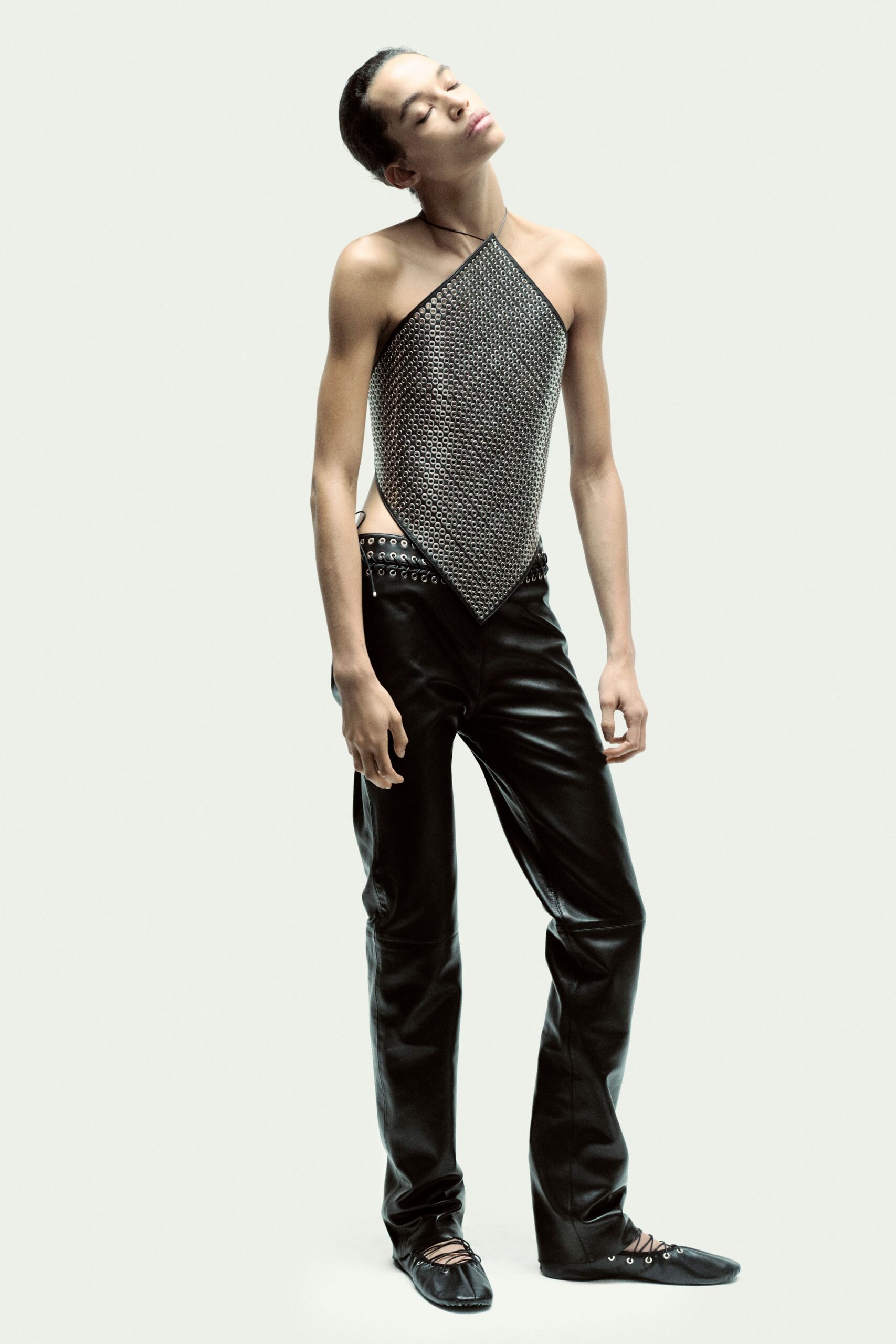 black mesh sleeveless high-neck fitted top