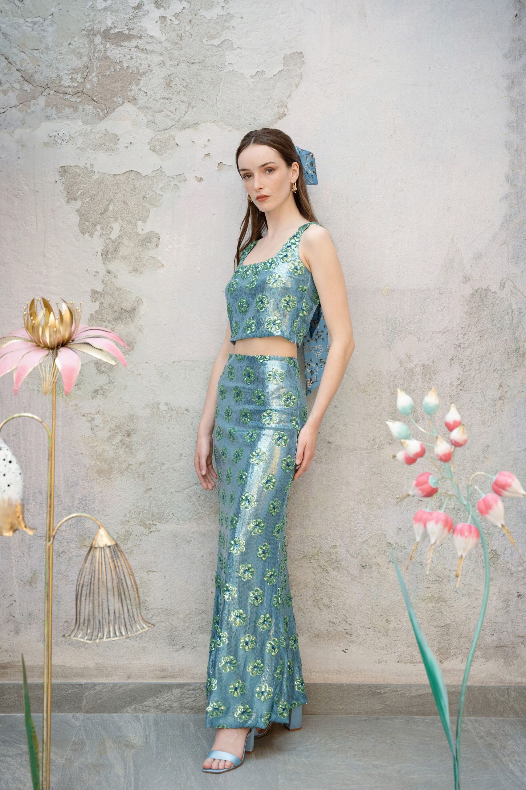 blue silk fitted sequined flared shiny maxi skirt