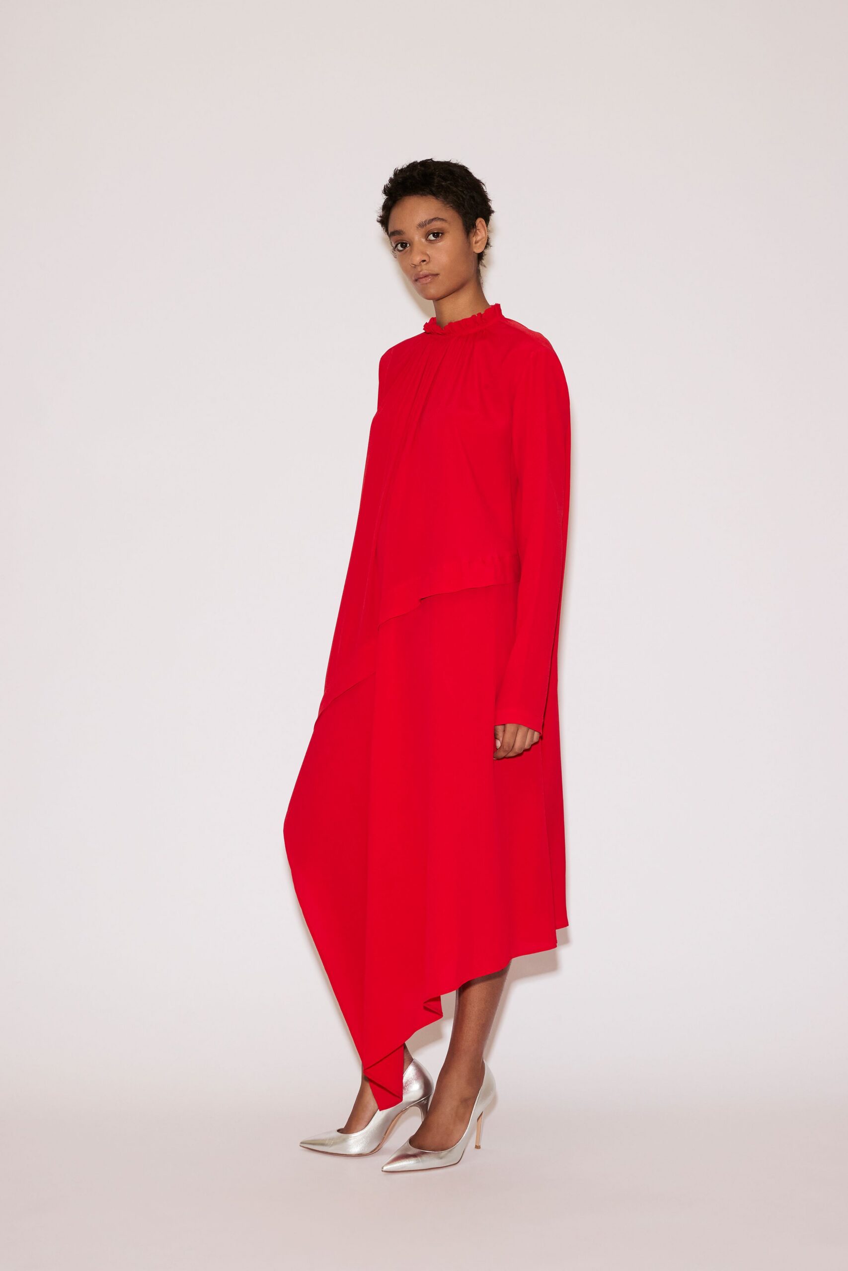 red silk long-sleeve high-neck relaxed midi dress