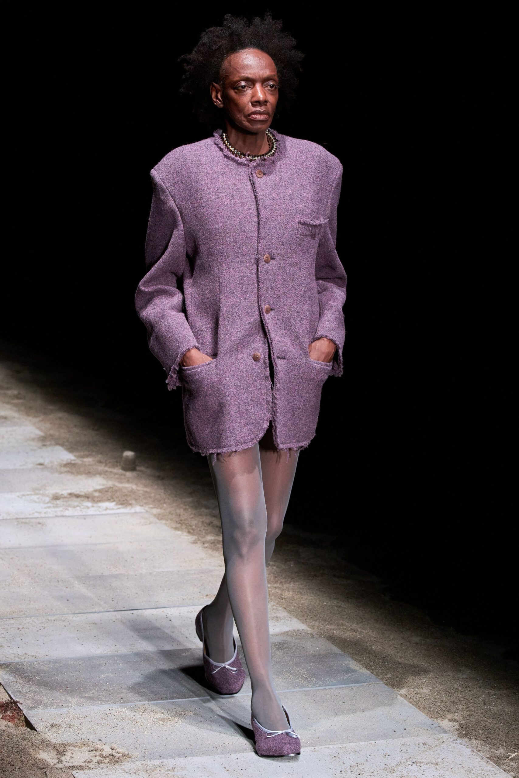 purple tweed long-sleeve collared relaxed buttoned fringed jacket