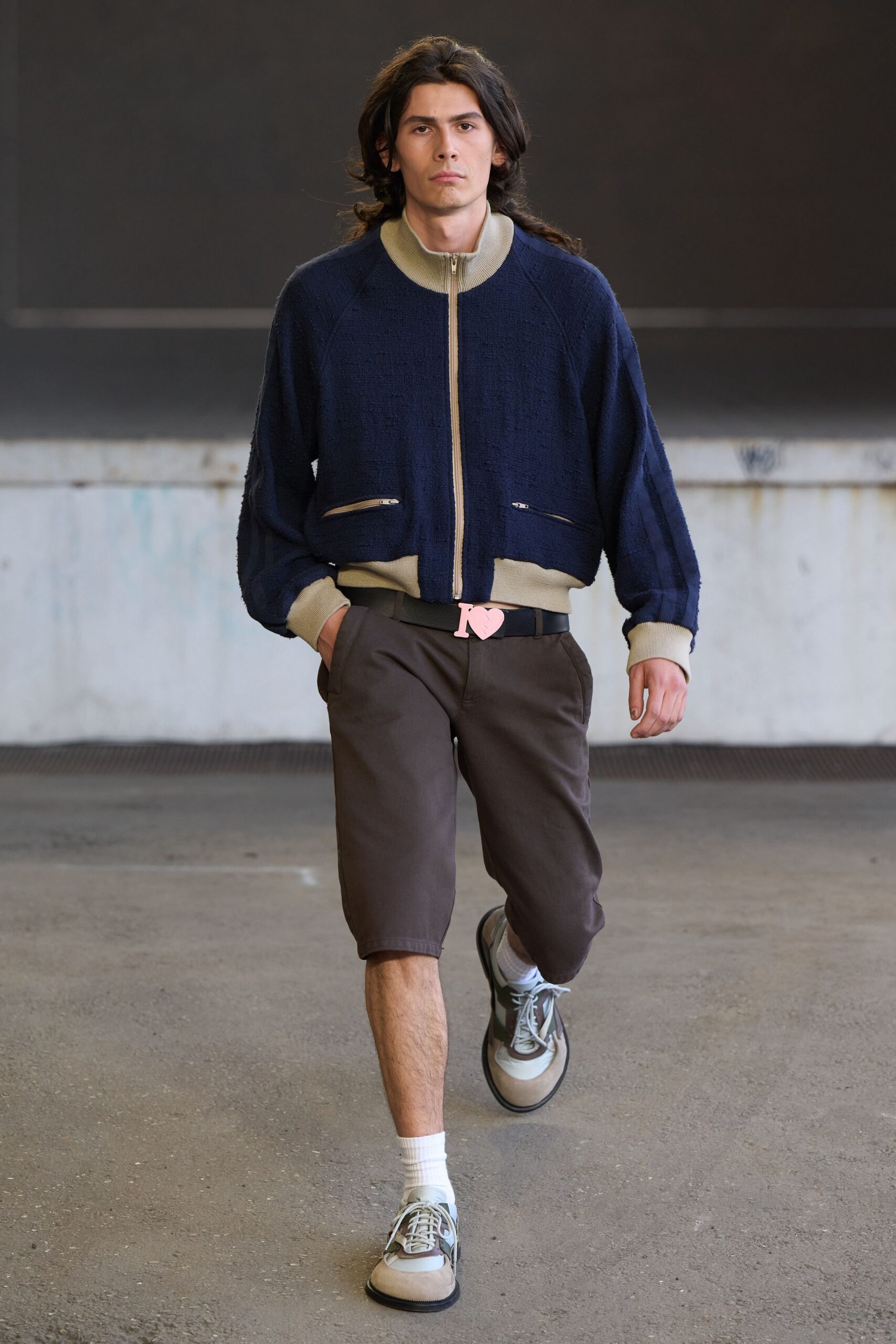 blue relaxed jacket with brown shorts