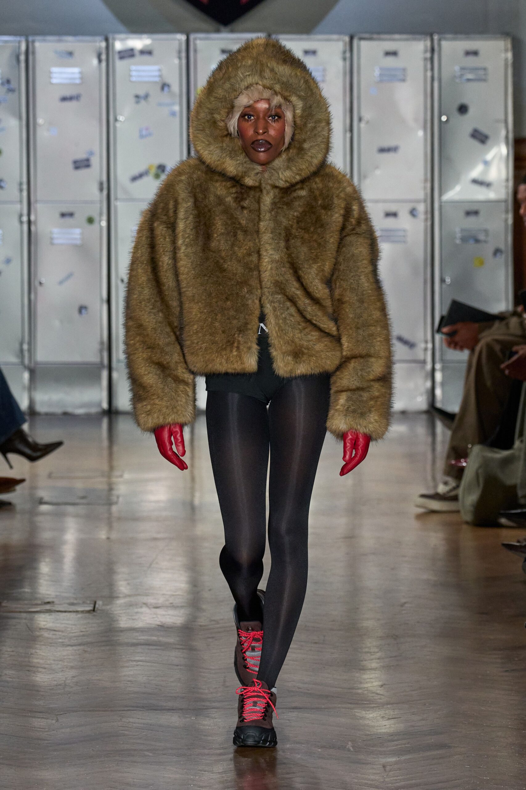 brown faux-fur coat with leggings
