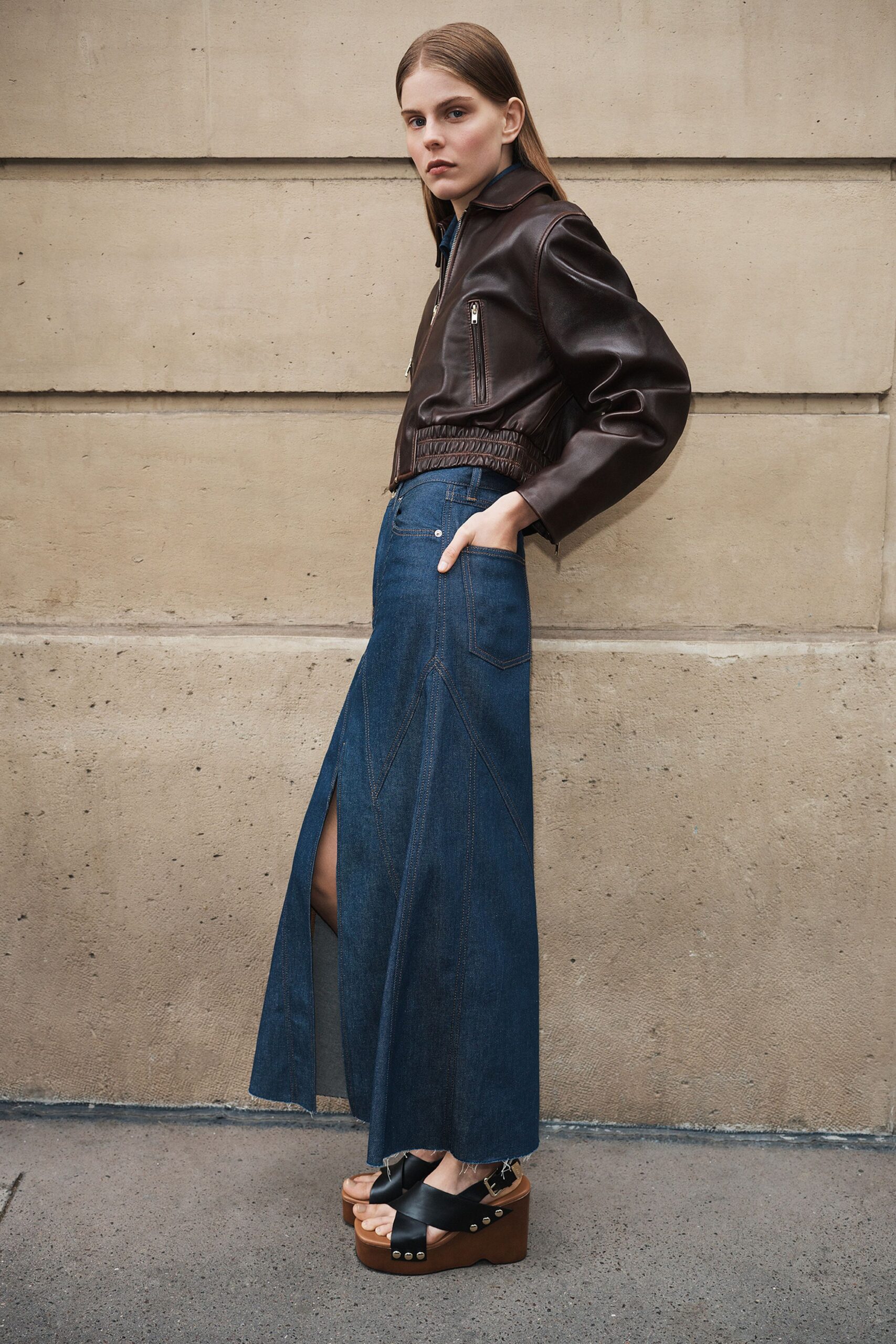 blue denim slit fitted high-waisted straight-leg maxi skirt