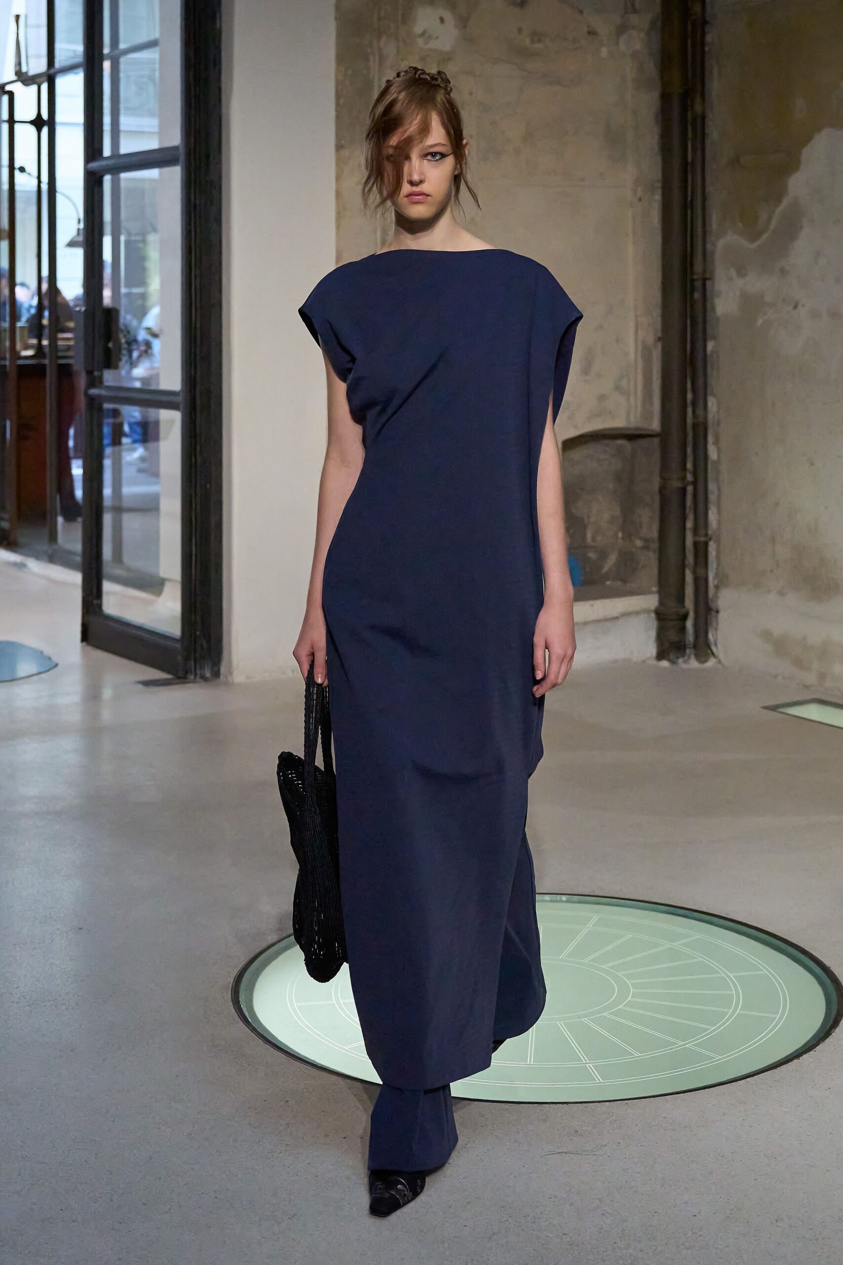 blue cotton sleeveless high-neck relaxed draped maxi dress