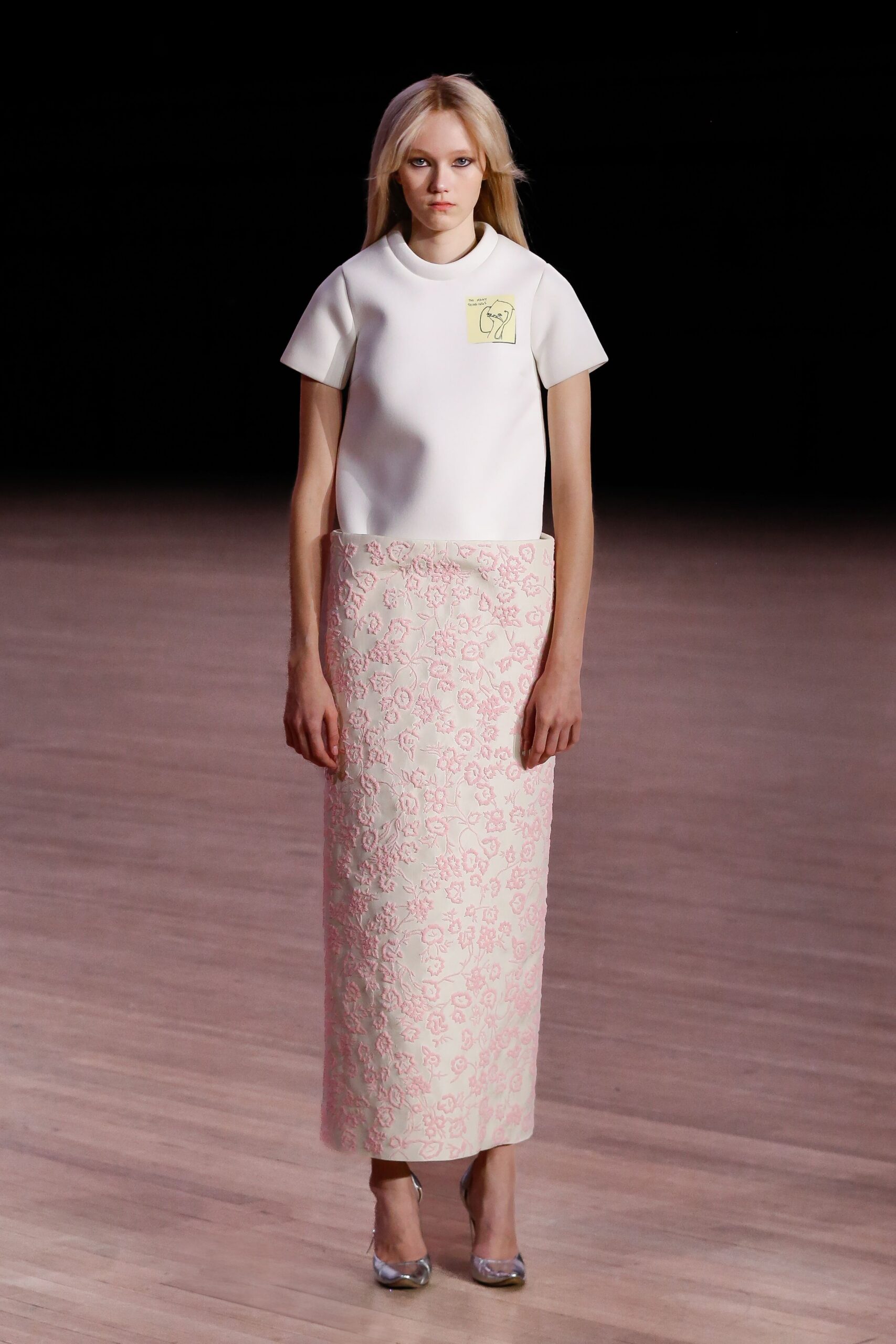 white fitted top pink midi skirt
