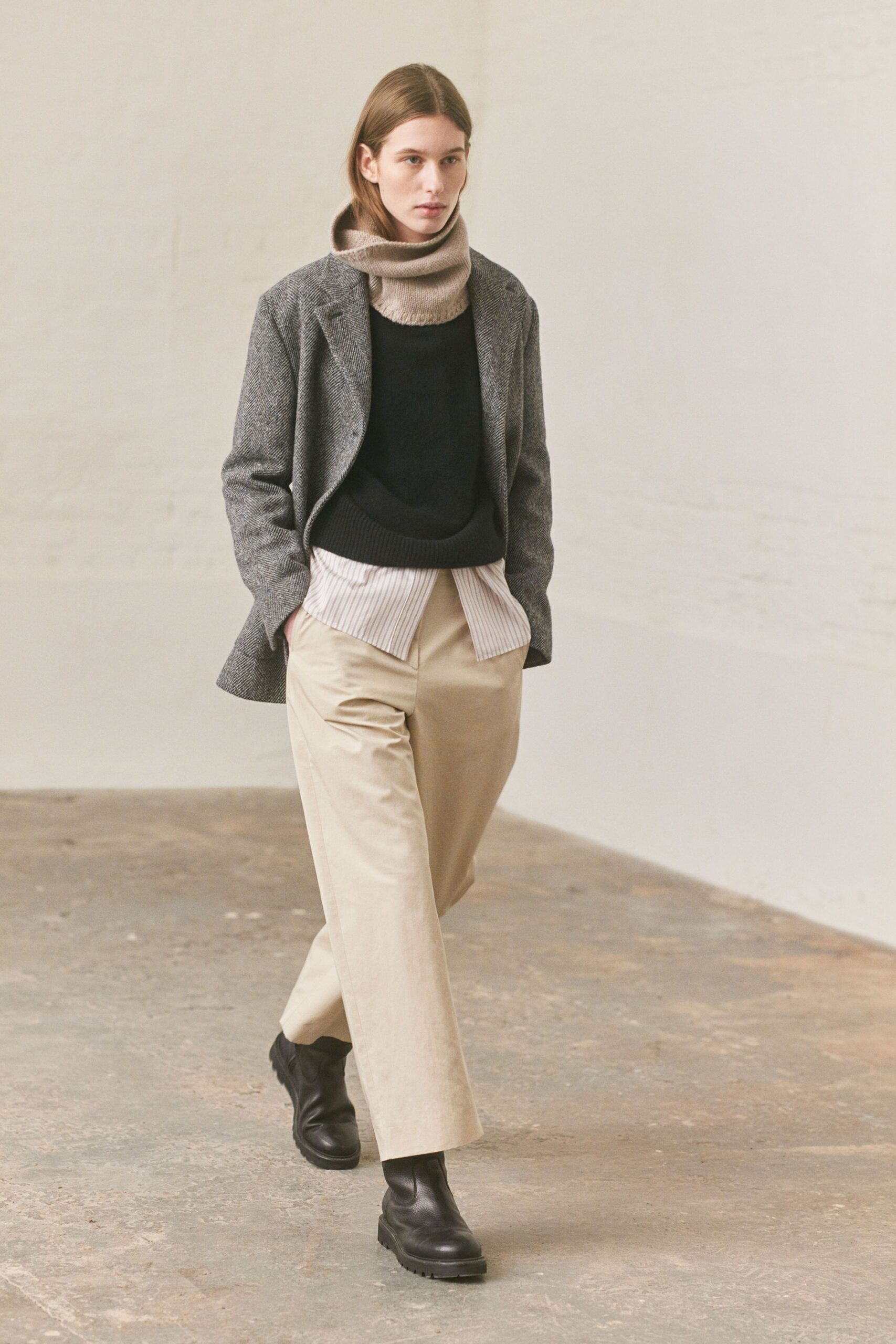 gray blazer black sweater beige pants