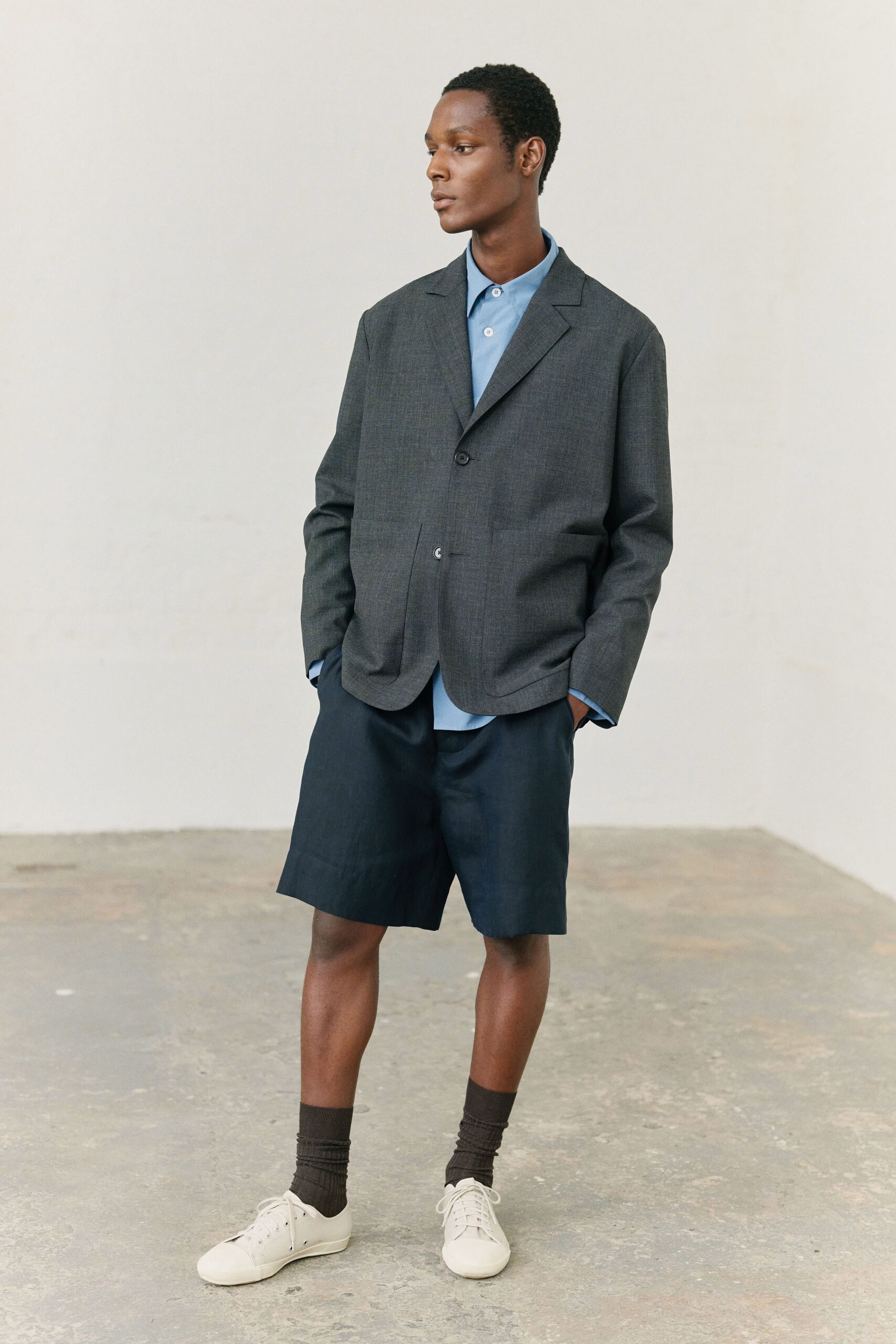 gray blazer with blue shirt