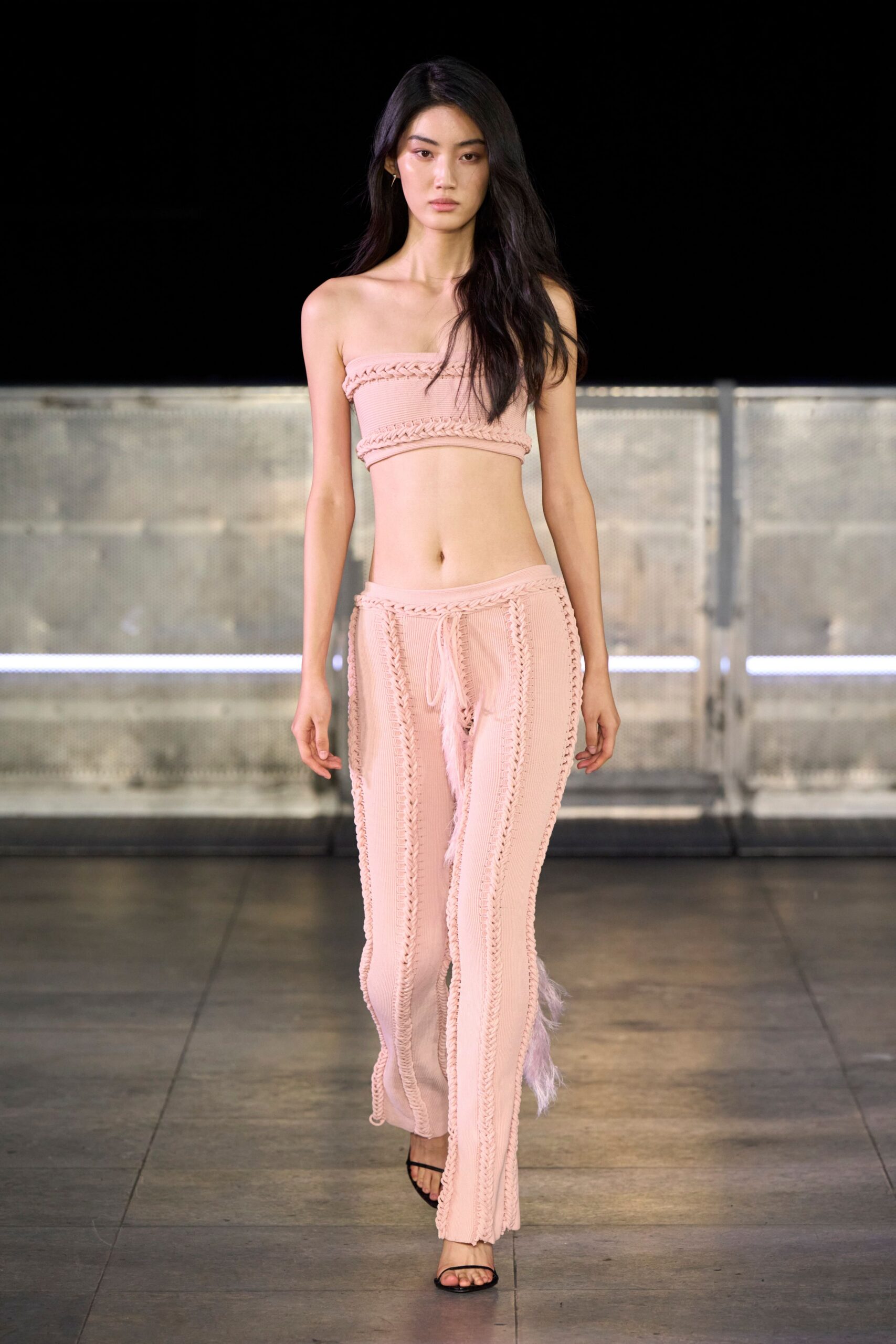 pink cotton long-sleeve fitted embroidered flared pants