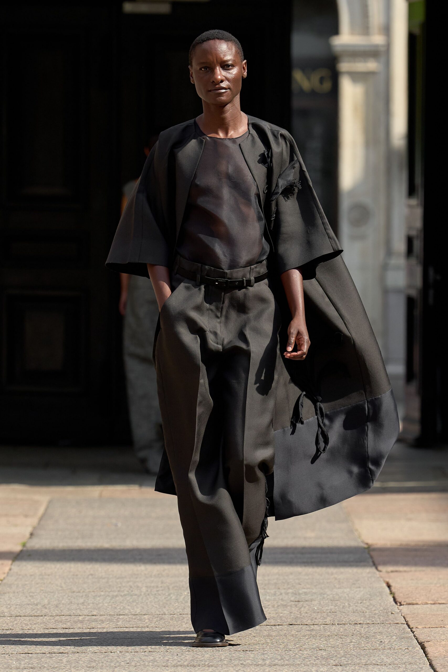 black silk cape with sheer top