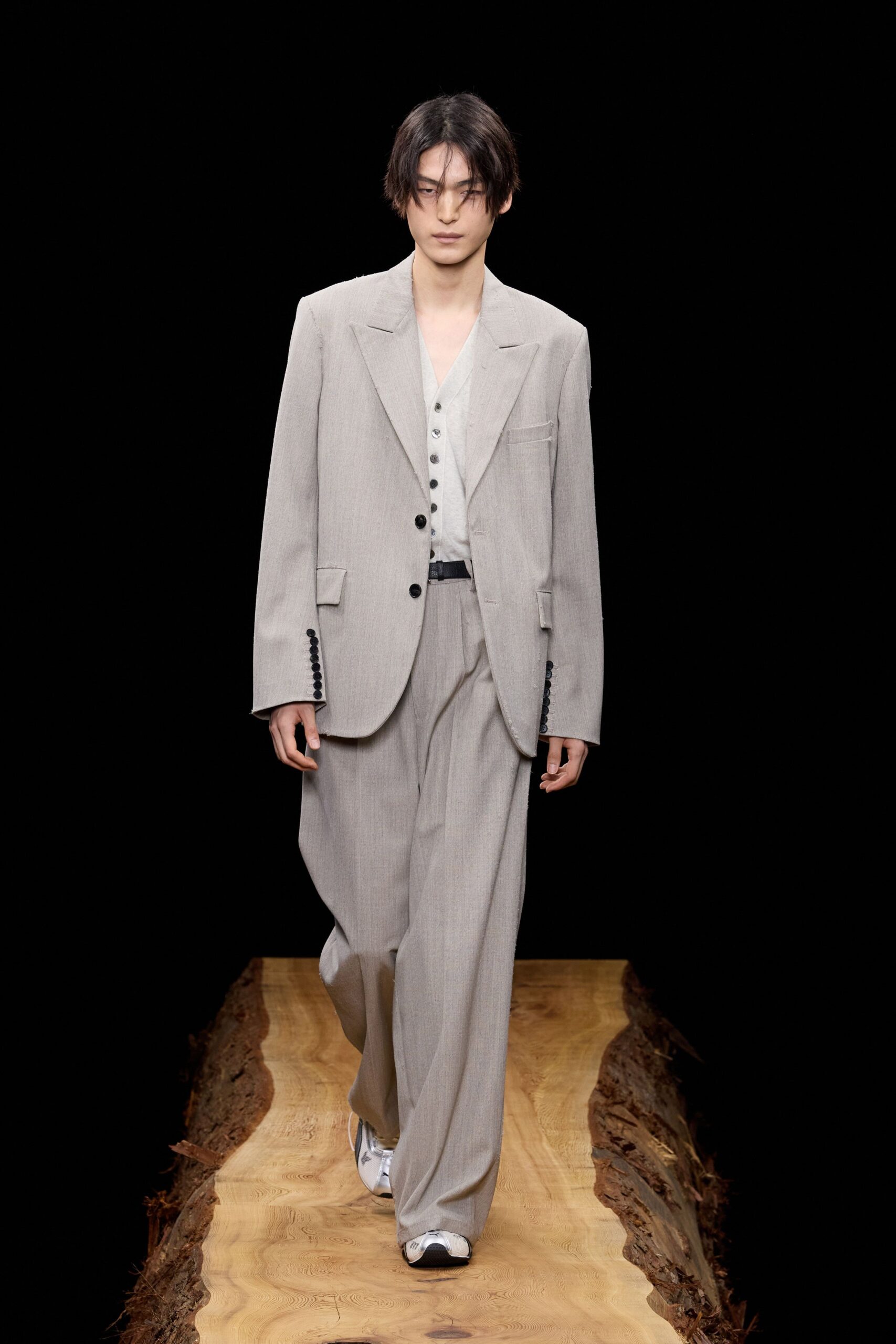 gray relaxed suit with white shirt