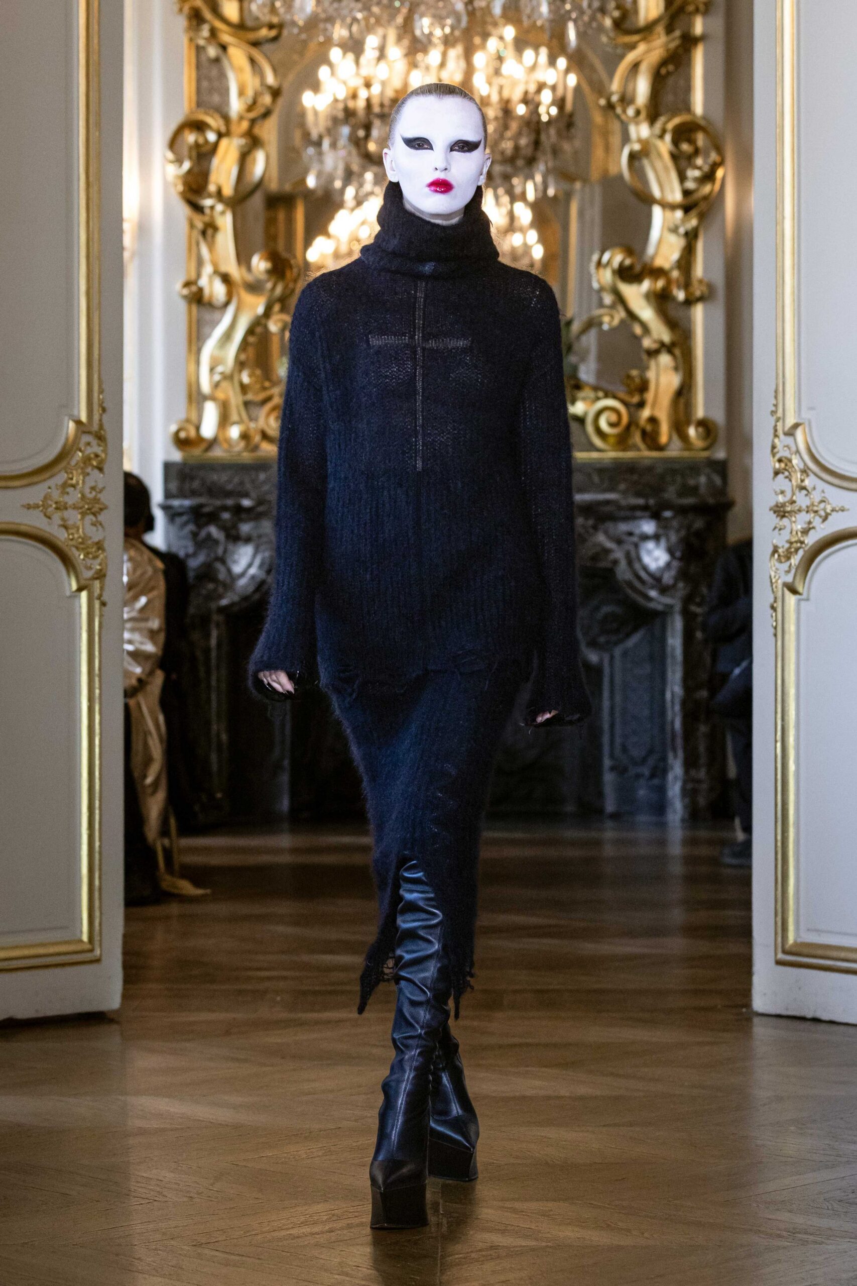 black wool long-sleeve turtleneck relaxed draped midi dress