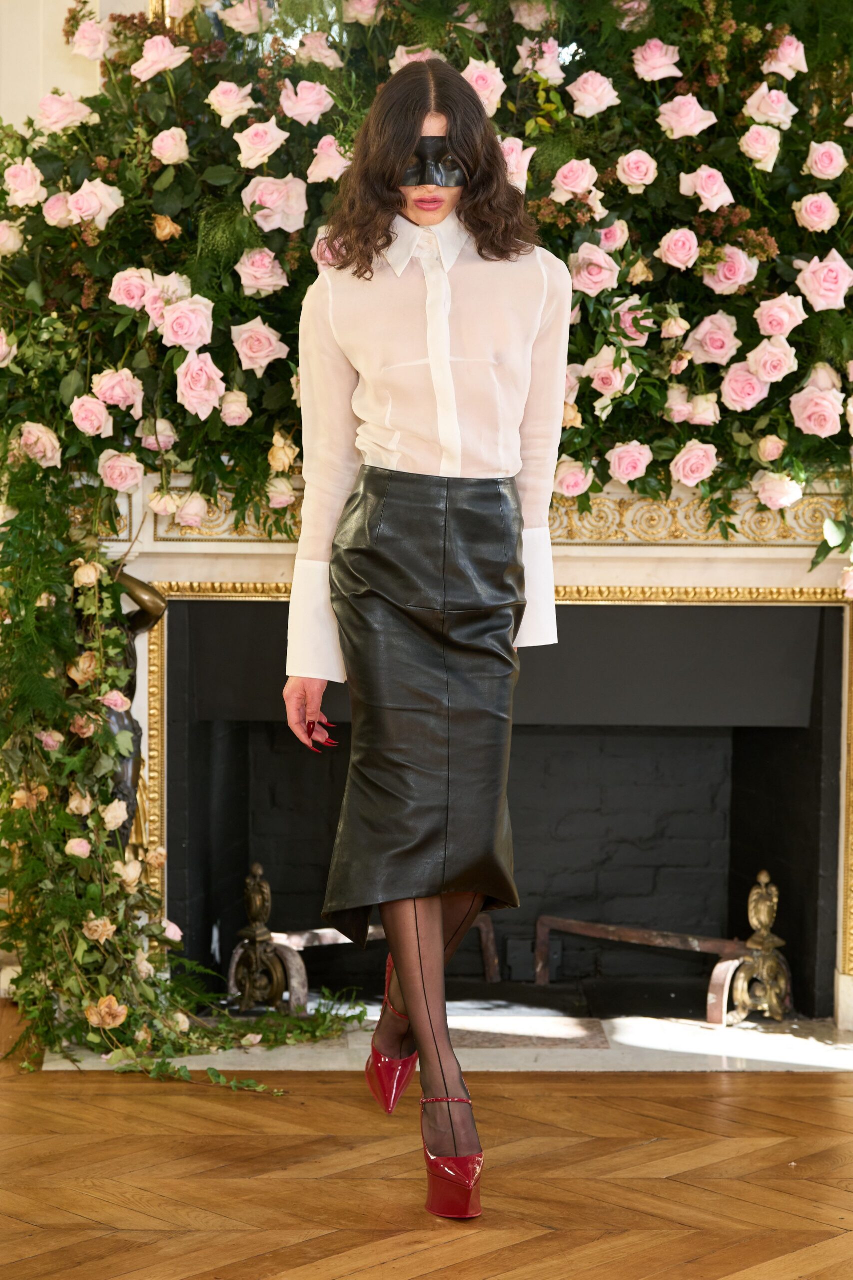 white shirt black leather skirt
