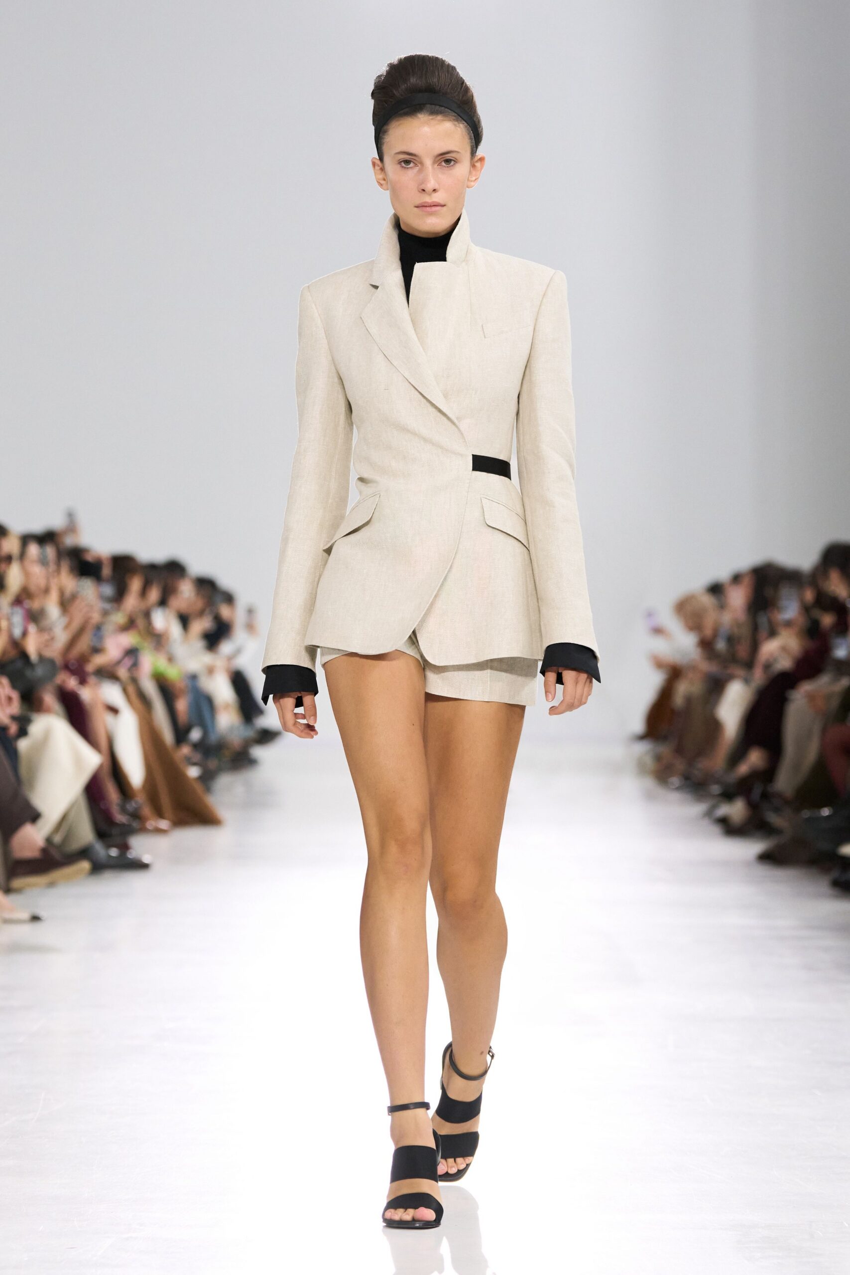 beige tailored blazer with shorts
