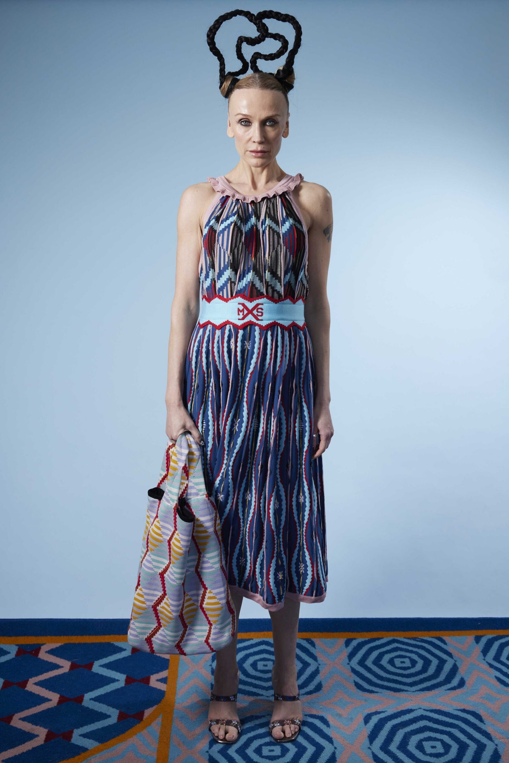 multi cotton sleeveless v-neck fitted pleated embroidered dress