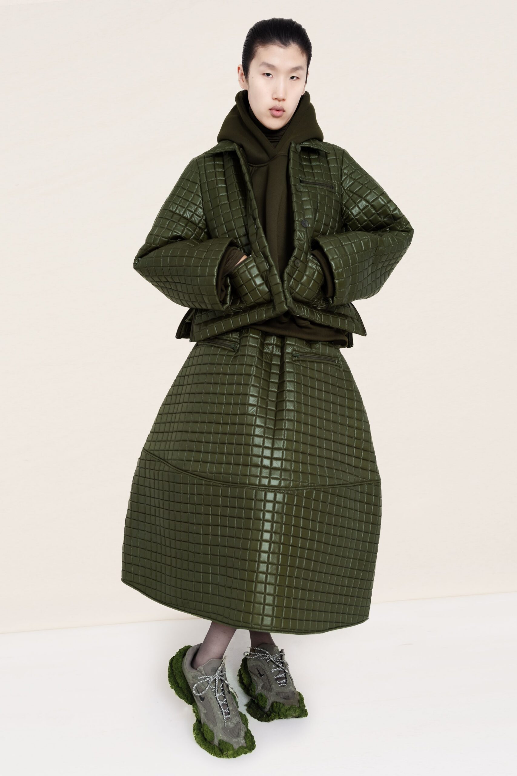 green cotton structured quilted maxi skirt