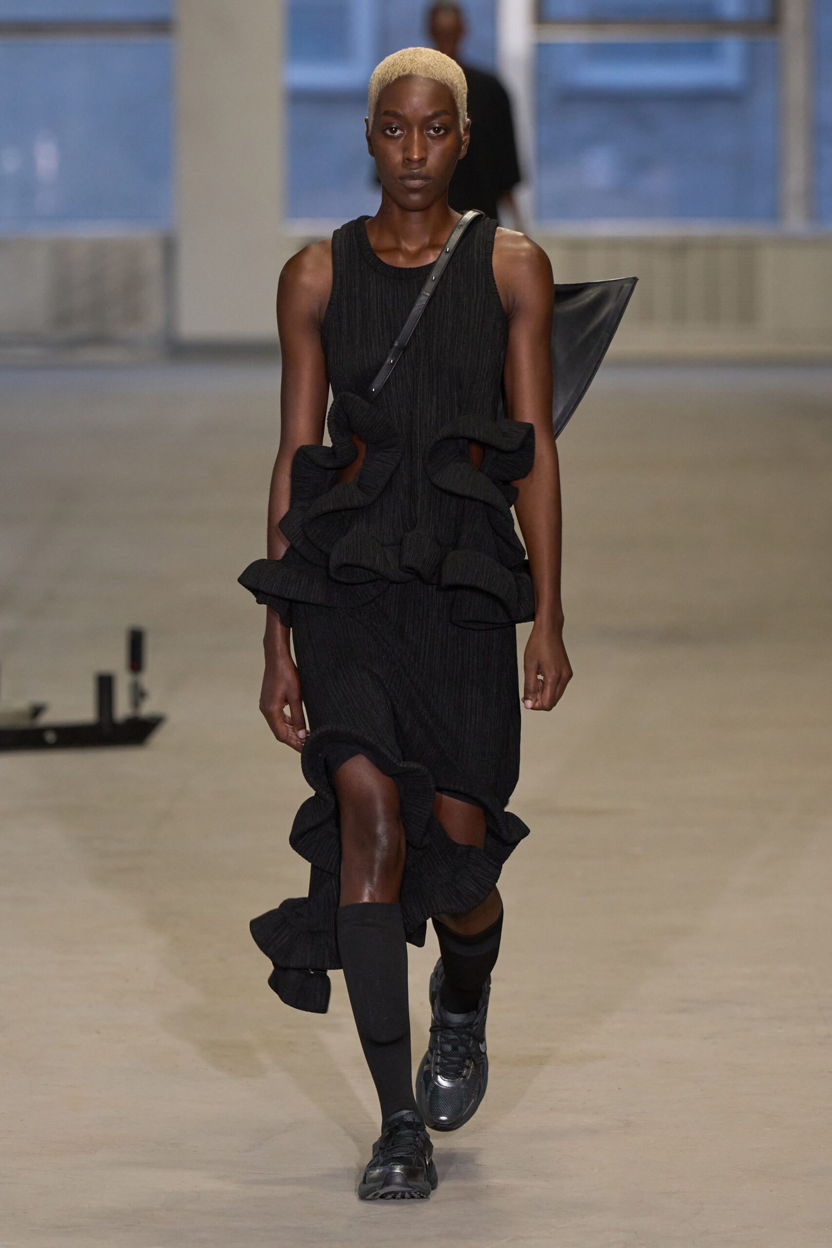 black ruffled midi dress with shoes