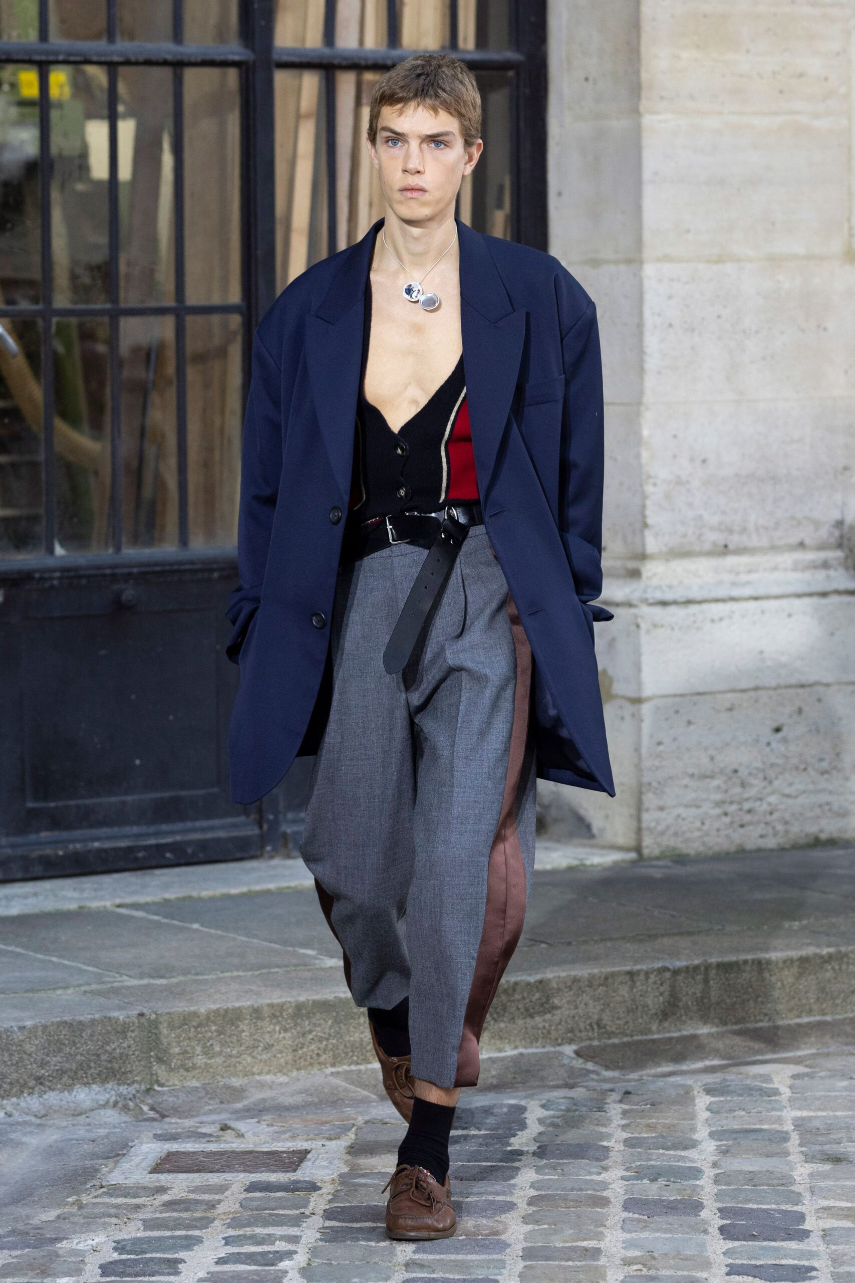 blue wool long-sleeve collared oversized buttoned jacket